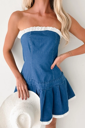 Catch A Thrill Strapless Pleated Mini Dress (Denim) Urban Favorite Smart Layer Wear