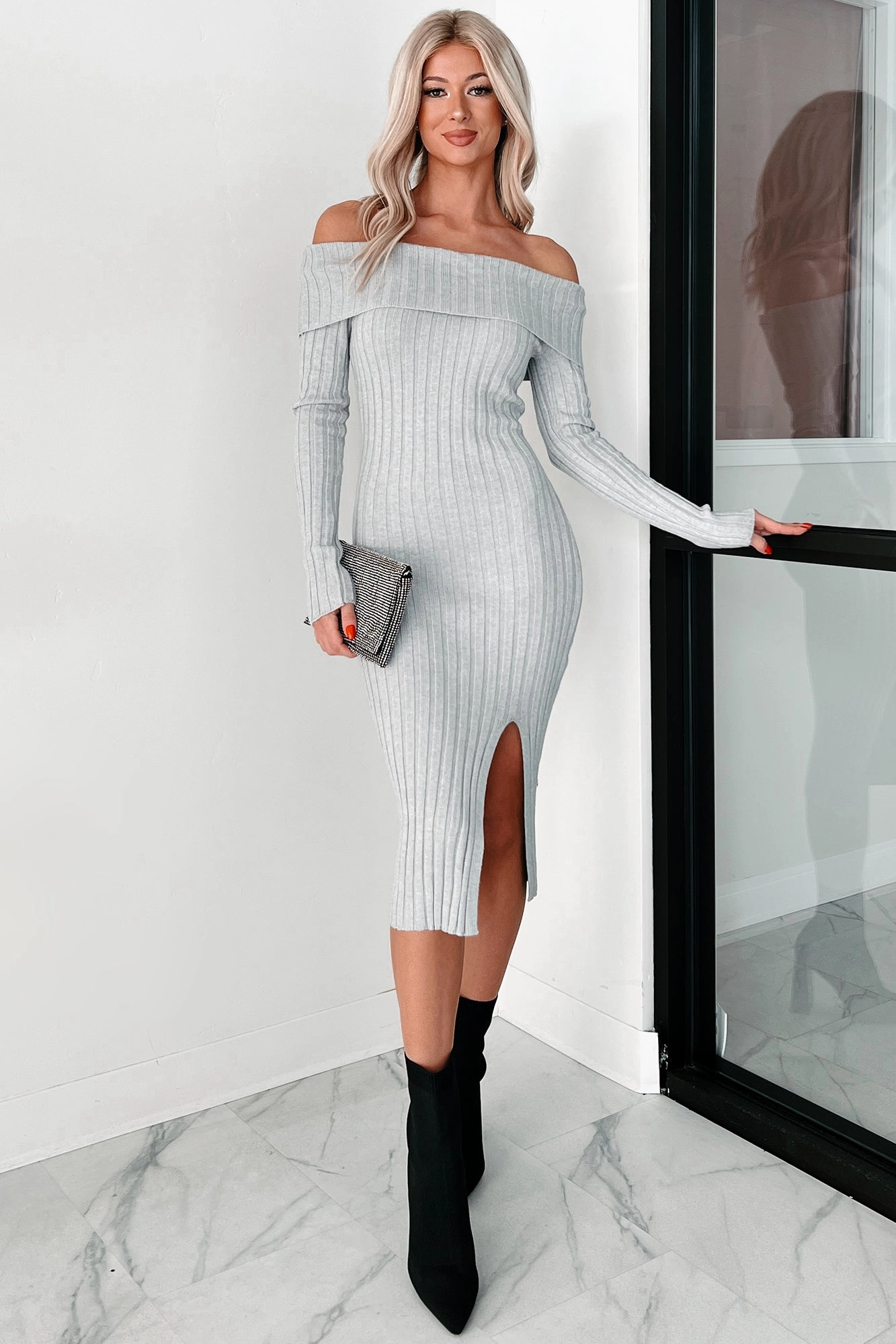 Easy Lovely Sleek Look Leah Off The Shoulder Sweater Dress (Light Heather Grey)