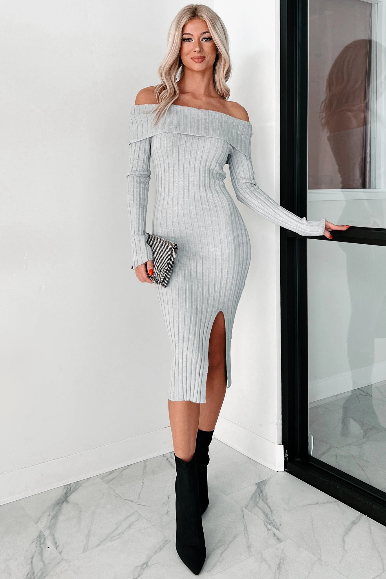 Leah Off The Shoulder Sweater Dress (Light Heather Grey) Sleek Design