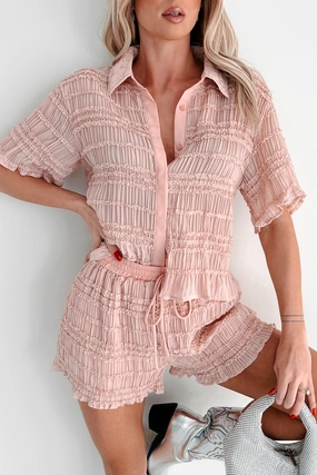 Figuring It Out Ruffle Smocked Blouse & Shorts Set (Pink) cycling outfit