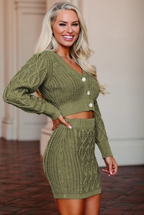 Built In Filter Layer Finding Fulfillment Cable Knit Cardigan & Skirt Set (Olive)