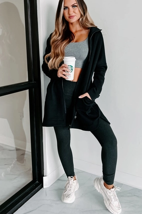 Finding My Stride Longline Zip-Up Jacket (Black) Compact Jacquard Weave Lightweight Layering Option