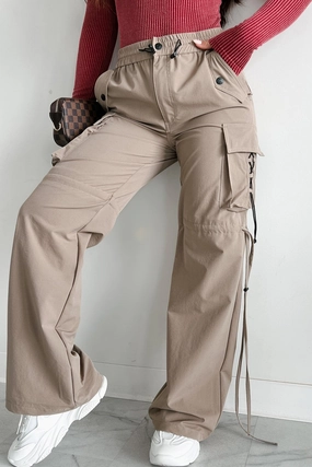Finding My Way Wide Leg Cargo Drawstring Pants (Khaki) Breathable Waist
