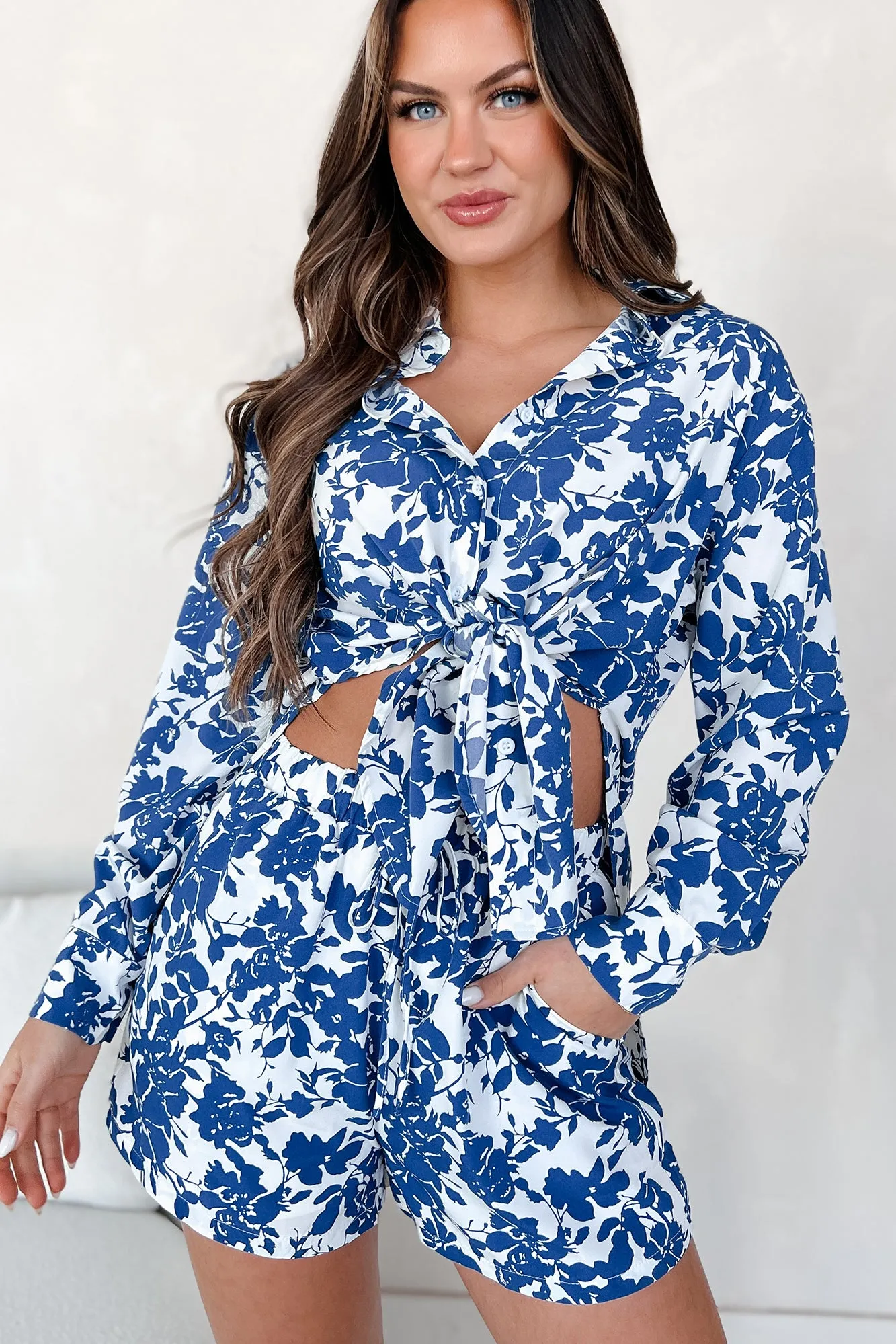 Blooming With Bliss Floral Button-Down Shirt & Shorts Set (Blue) Sport Edge