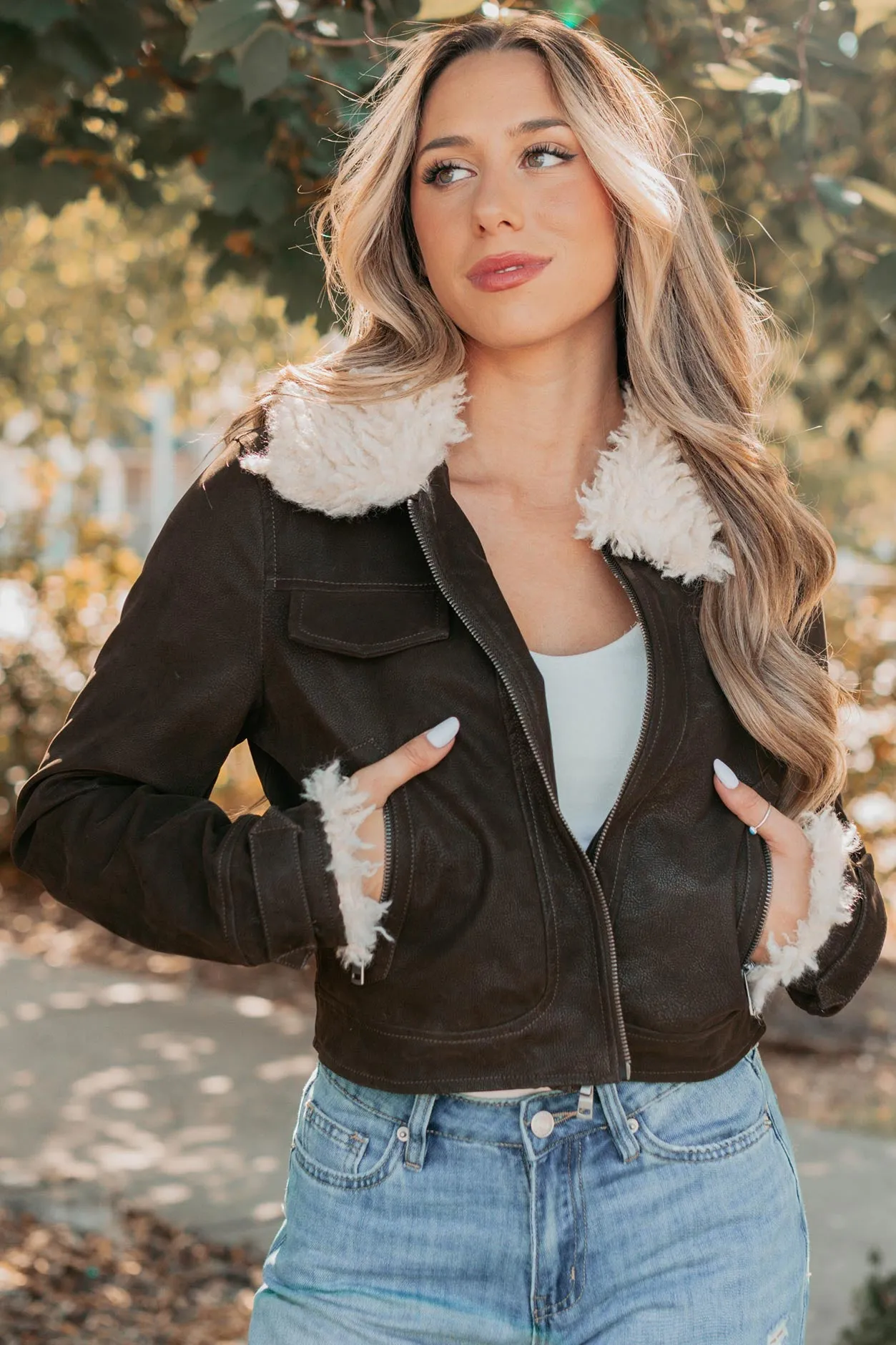 Soulful Strolls Shearling Aviator Jacket (Brown) Feel Snow Weather