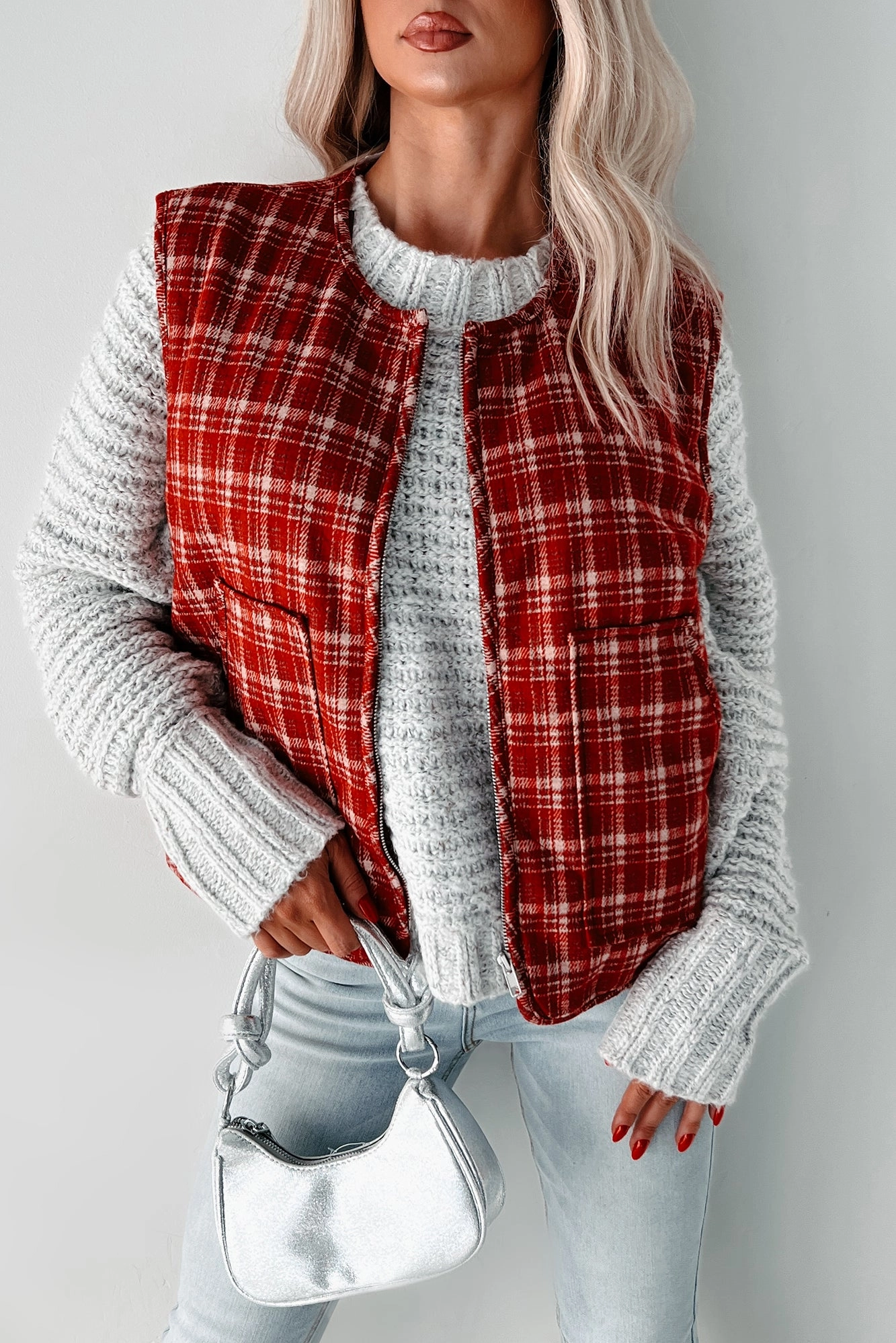 Midweight Layer Modular Layering System Fireside Chats Quilted Plaid Vest (Red Plaid)