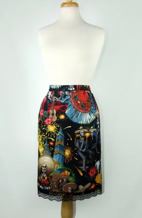Moisture control Travel Ready Fit Mexican Fiesta De San Marcos Skull Pencil Skirt #S-PP706