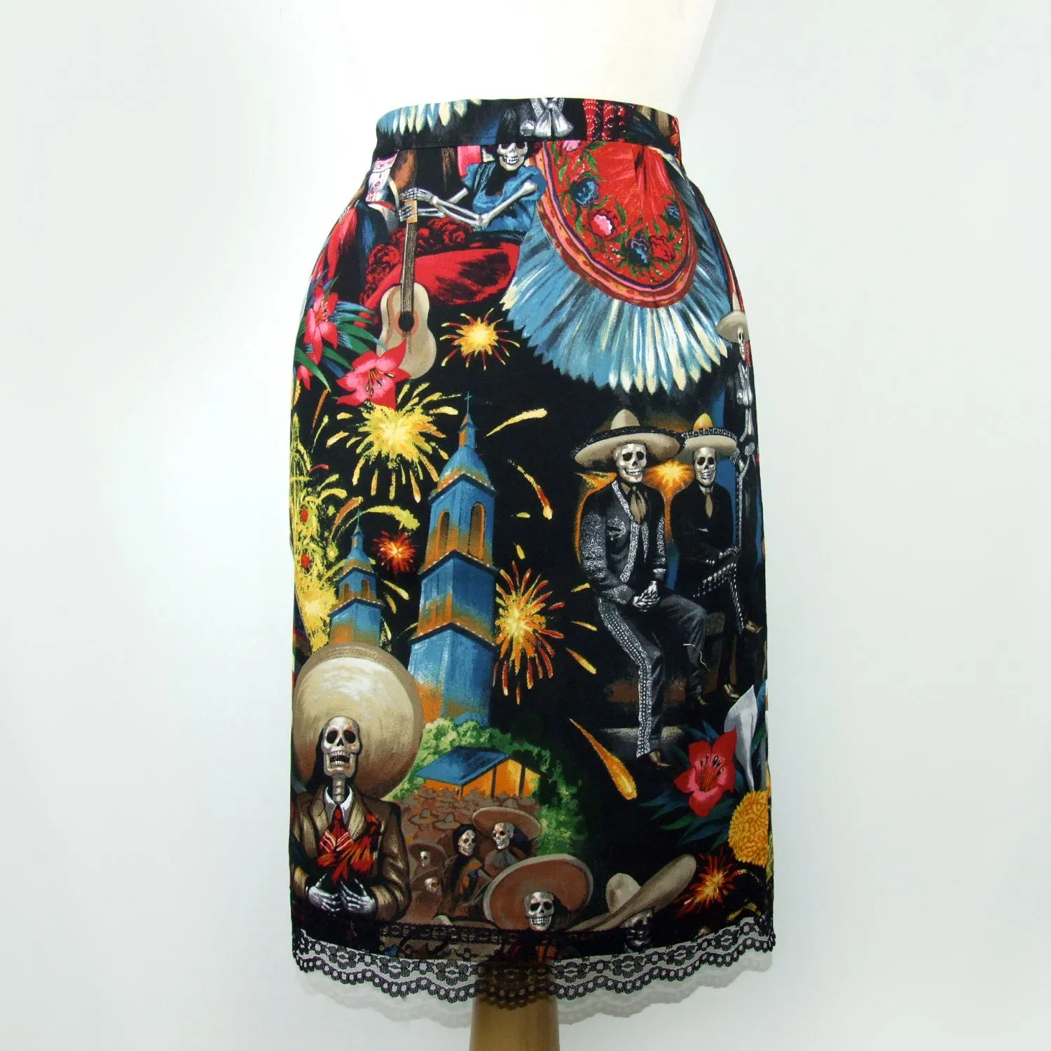 Mexican Fiesta De San Marcos Skull Pencil Skirt #S-PP706 Casual Comfort Fit Friction Resistant Fabric