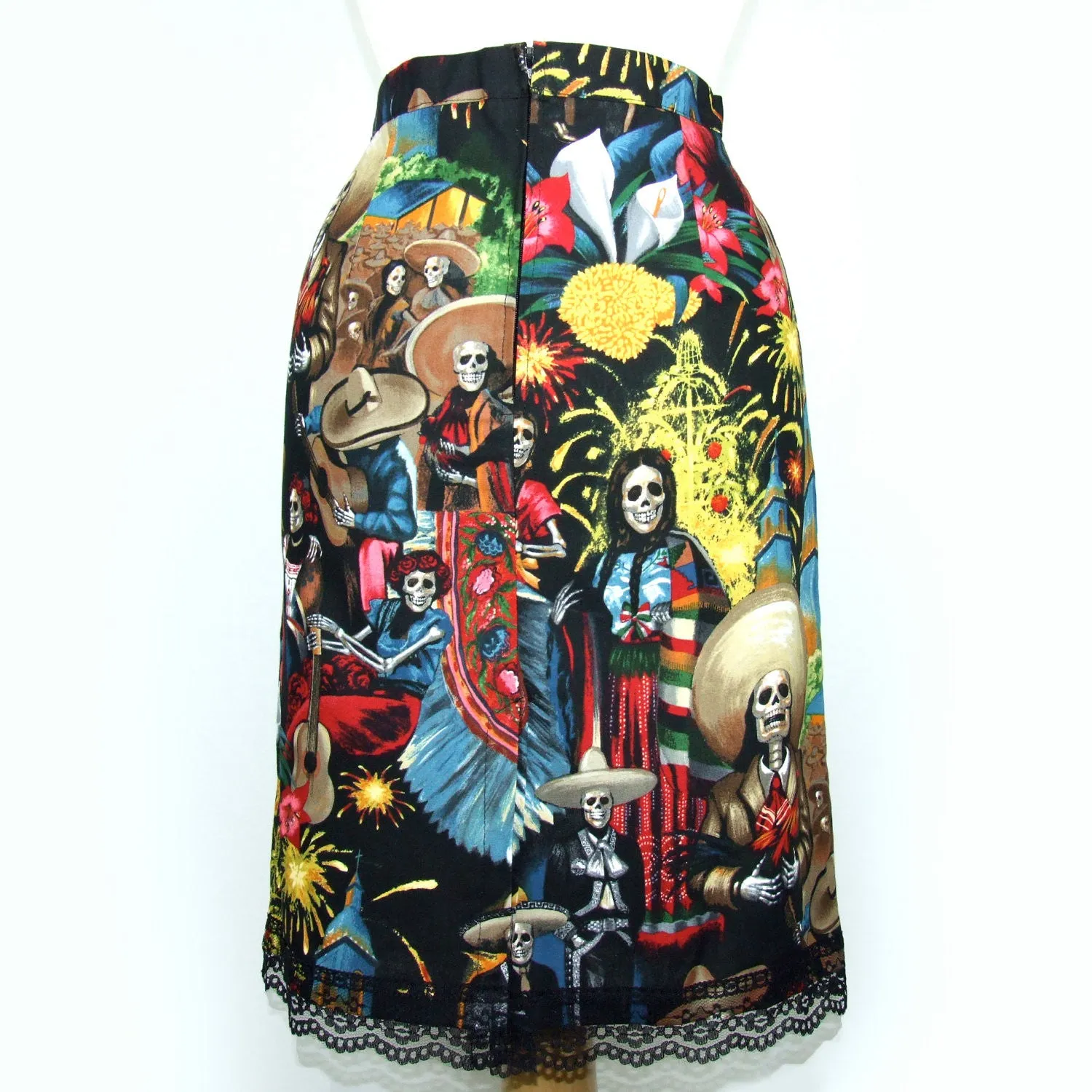 Lightweight Flex ArticulatedJoints Mexican Fiesta De San Marcos Skull Pencil Skirt #S-PP706