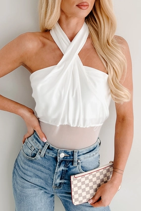 Sleek Simplicity Satin Mesh Halter Bodysuit (White) Abrasion Resistant Fabric