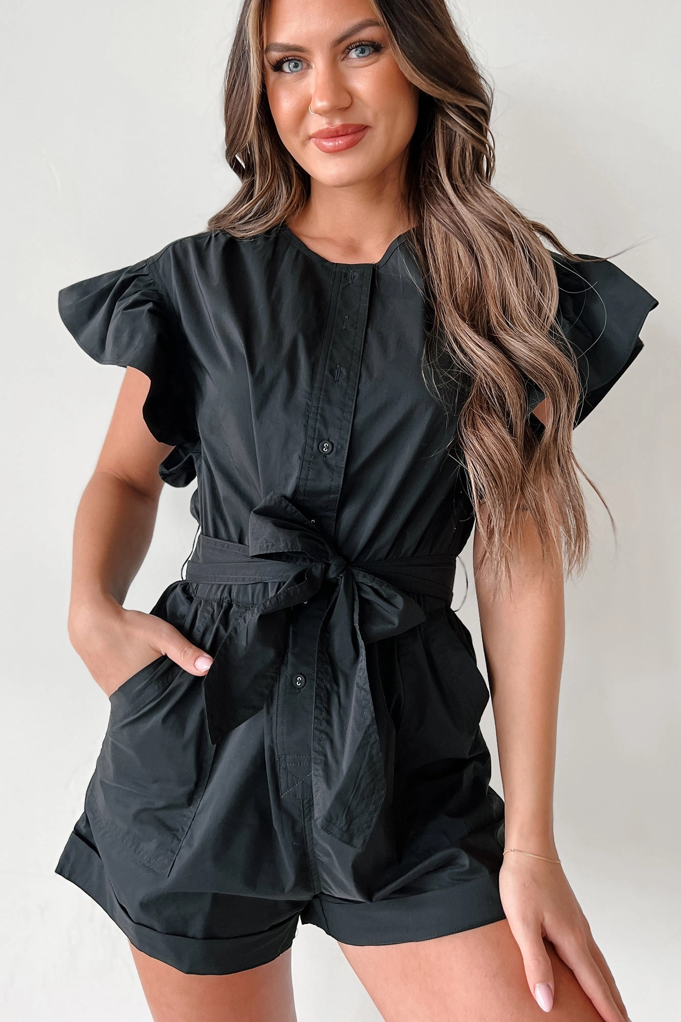 Skin-friendly Shula Button-Front Ruffle Sleeve Romper (Black)