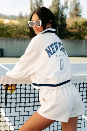 Daywear Stylish Outfit Brooklyn Strolls Embroidered Loungewear Set (Ivory/Blue)