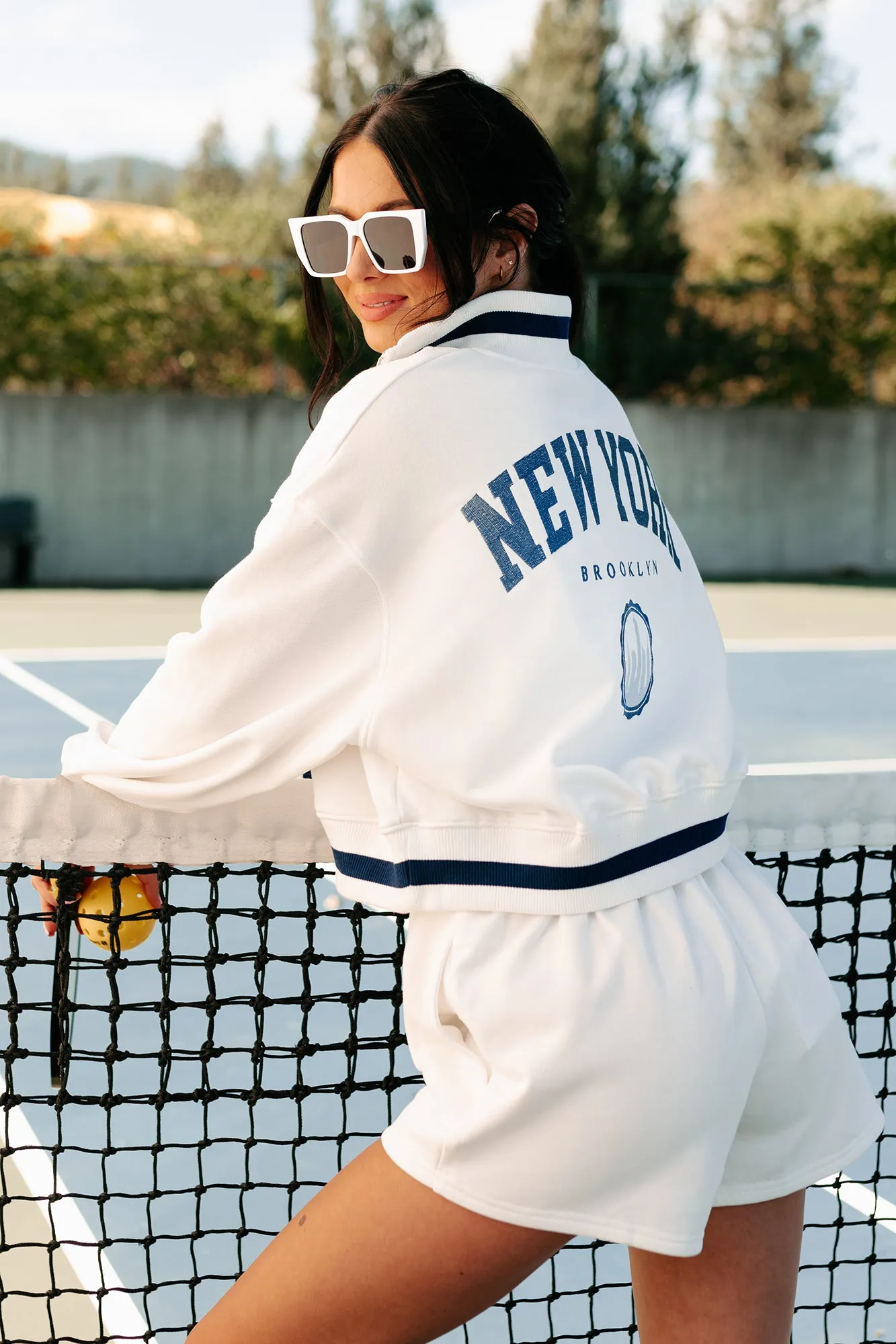 Sweat Wicking Channels Brooklyn Strolls Embroidered Loungewear Set (Ivory/Blue)