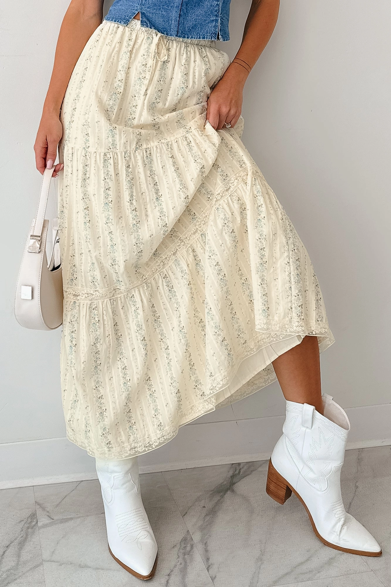 Secure fit Blossom Babe Floral Tiered Maxi Skirt (Ivory)