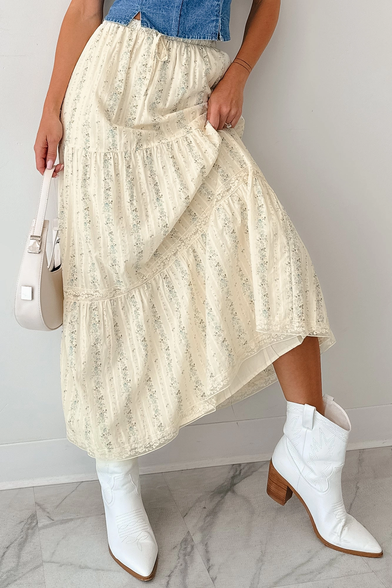 WrinkleResistantMaterial Essential Comfort Wear Blossom Babe Floral Tiered Maxi Skirt (Ivory)