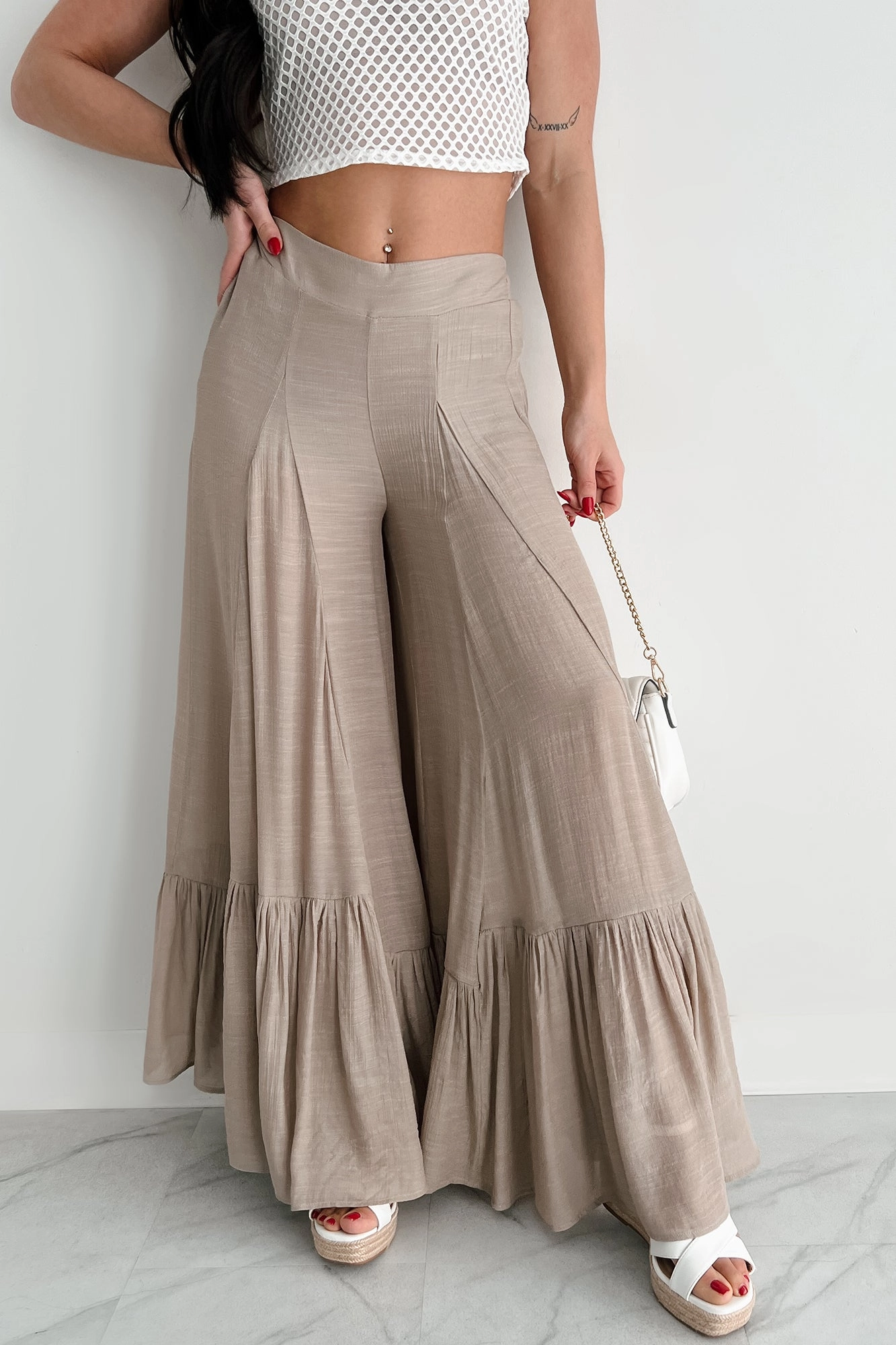 Flower Crown Vibes Sheer Ruffle Wide Leg Pants (Taupe) Chilly Wear