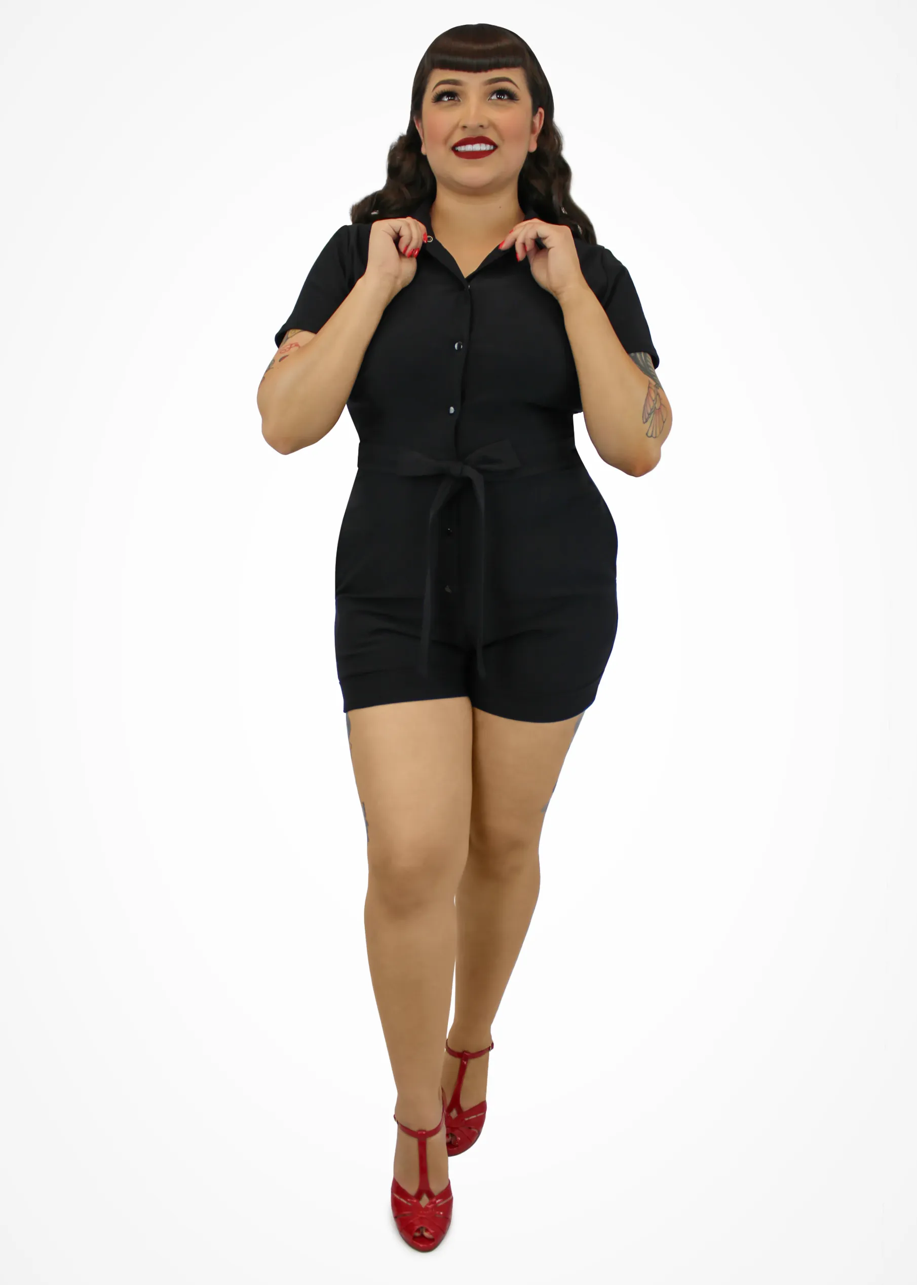 Stretchy Black Romper With Belt #BRS Moisture Management Mesh Back Modern Polo