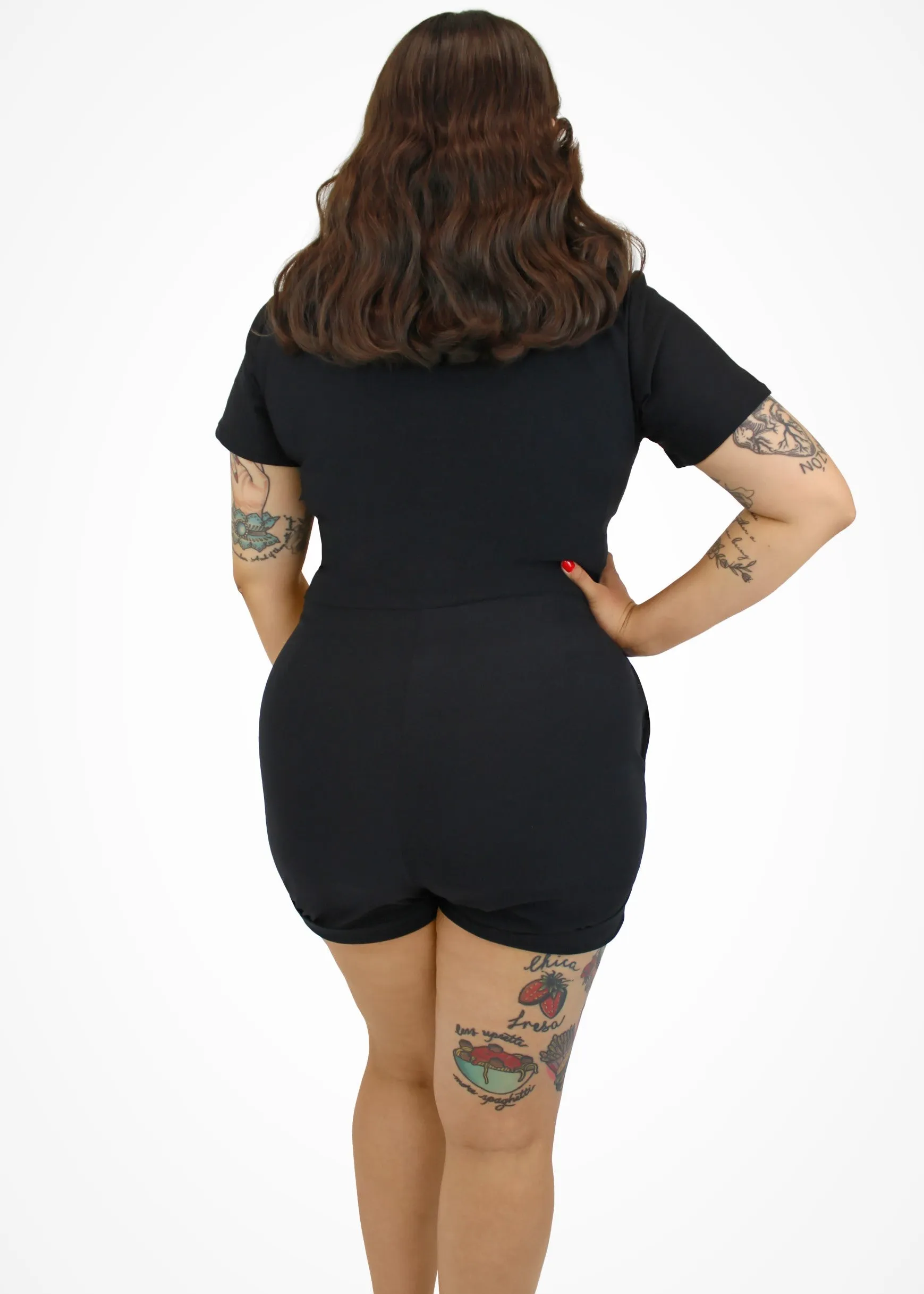 SustainableBlend ContrastPlacket Stretchy Black Romper With Belt #BRS Moisture Management Mesh Back