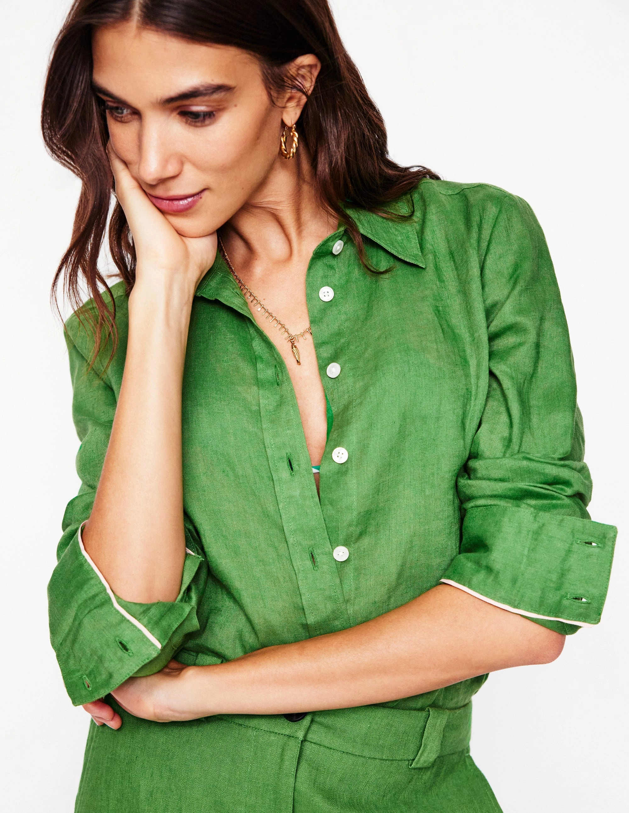 Sienna Linen Shirt-Paradise Green Cozy Sweatshirt Double Layered Hem