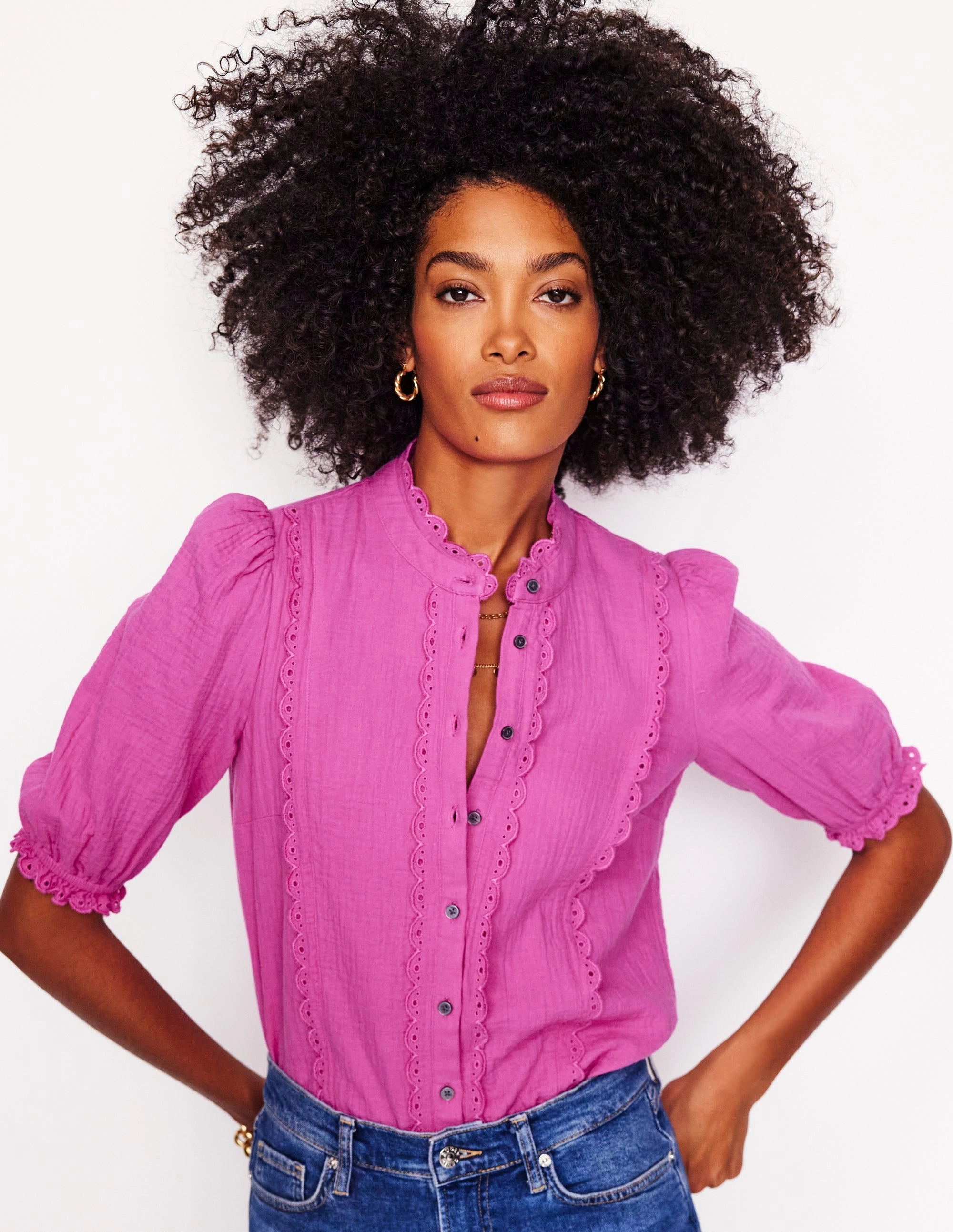 Scallop Double Cloth Top-Cosmos Pink Garment Washed Finish Easy Style