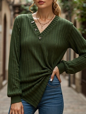 UltravioletProtectionFabric Loose cut LONG SLEEVE SOLID COLOR SWEATER V-NECK TEXTURE