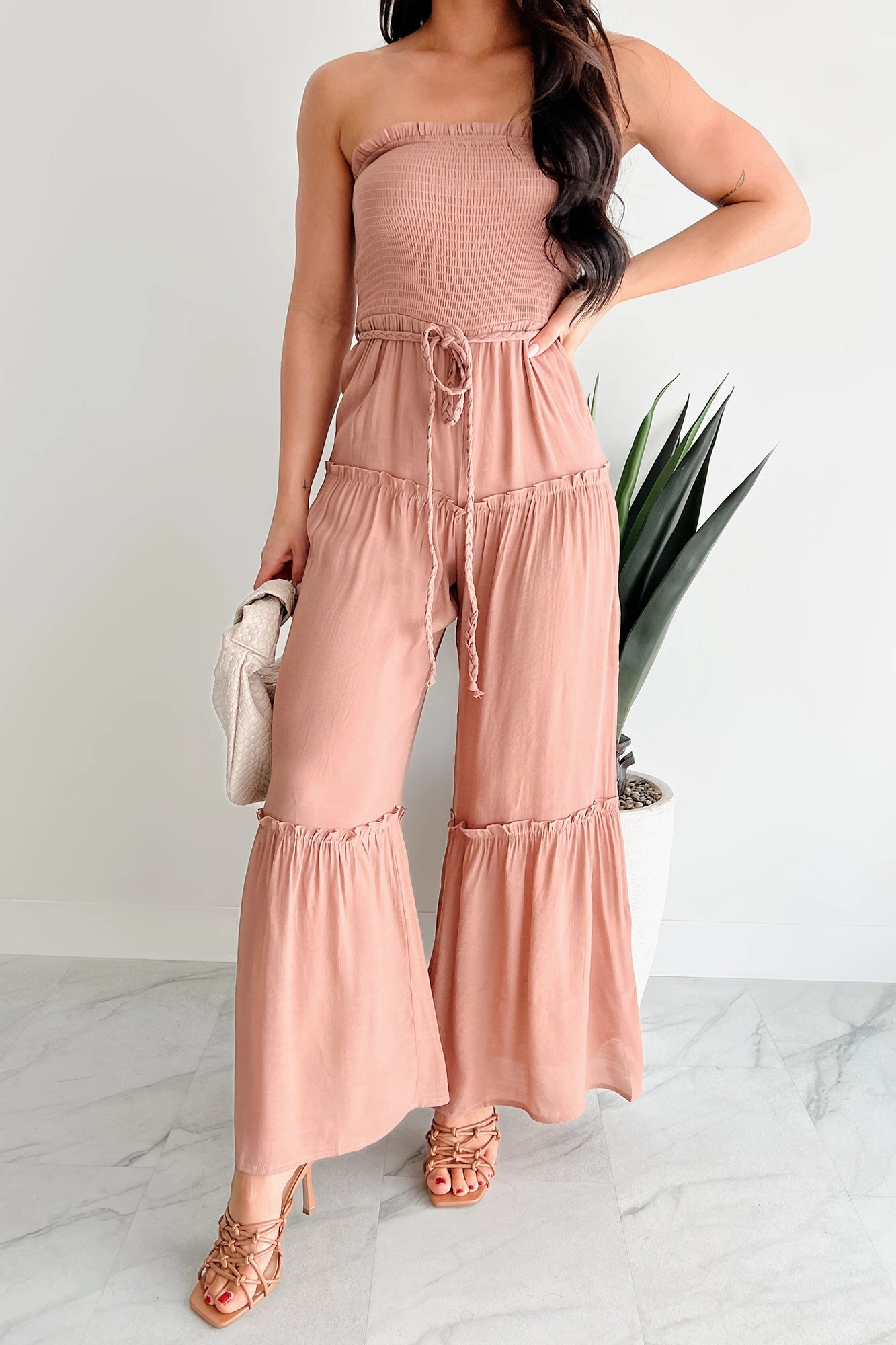 Glam Goddess Strapless Smocked Jumpsuit (Clay) Skin Touch