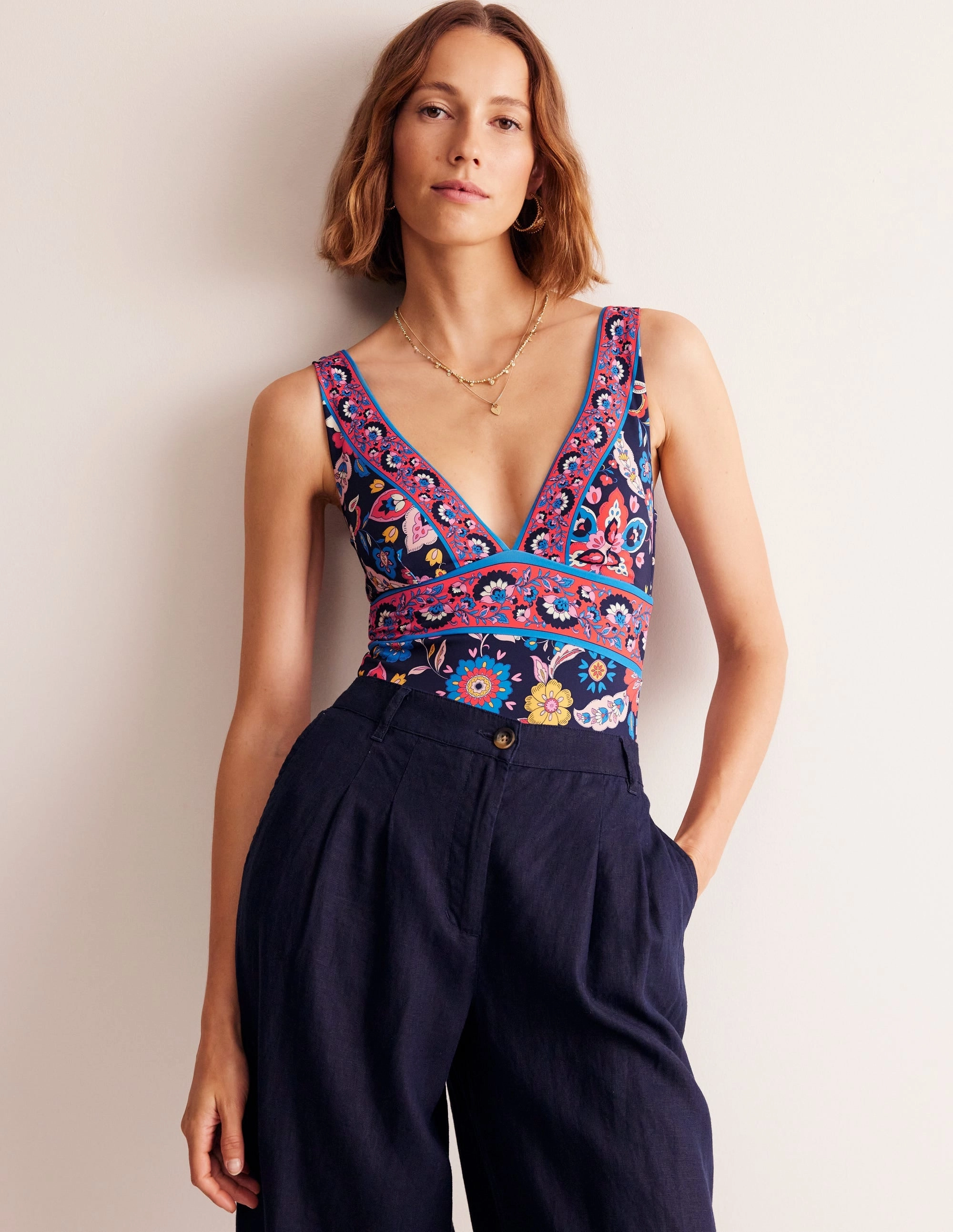 Porto V-Neck Swimsuit-Mandarin Red, Botanical Sprig Holiday mode Beachside Bliss