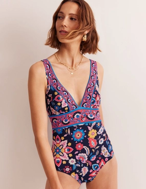 Mesh Lined Padding Porto V-Neck Swimsuit-Mandarin Red, Botanical Sprig