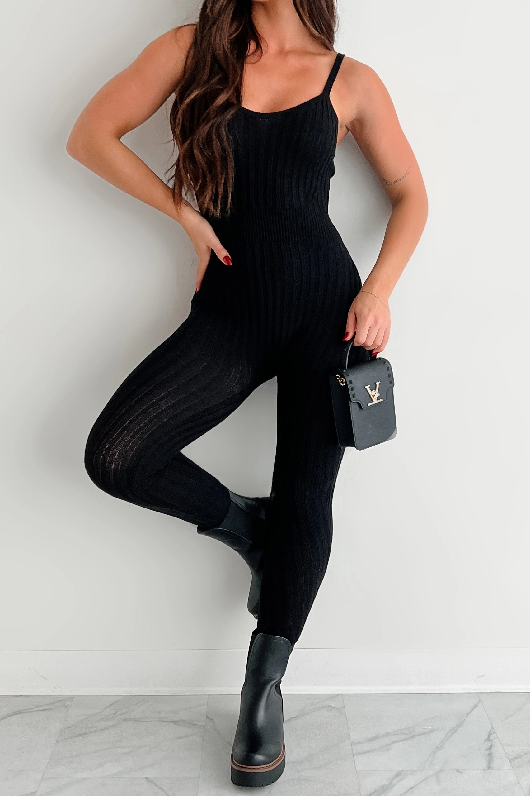 Draped Fabric Event Glow Better By The Minute Sweater Knit Catsuit (Black)