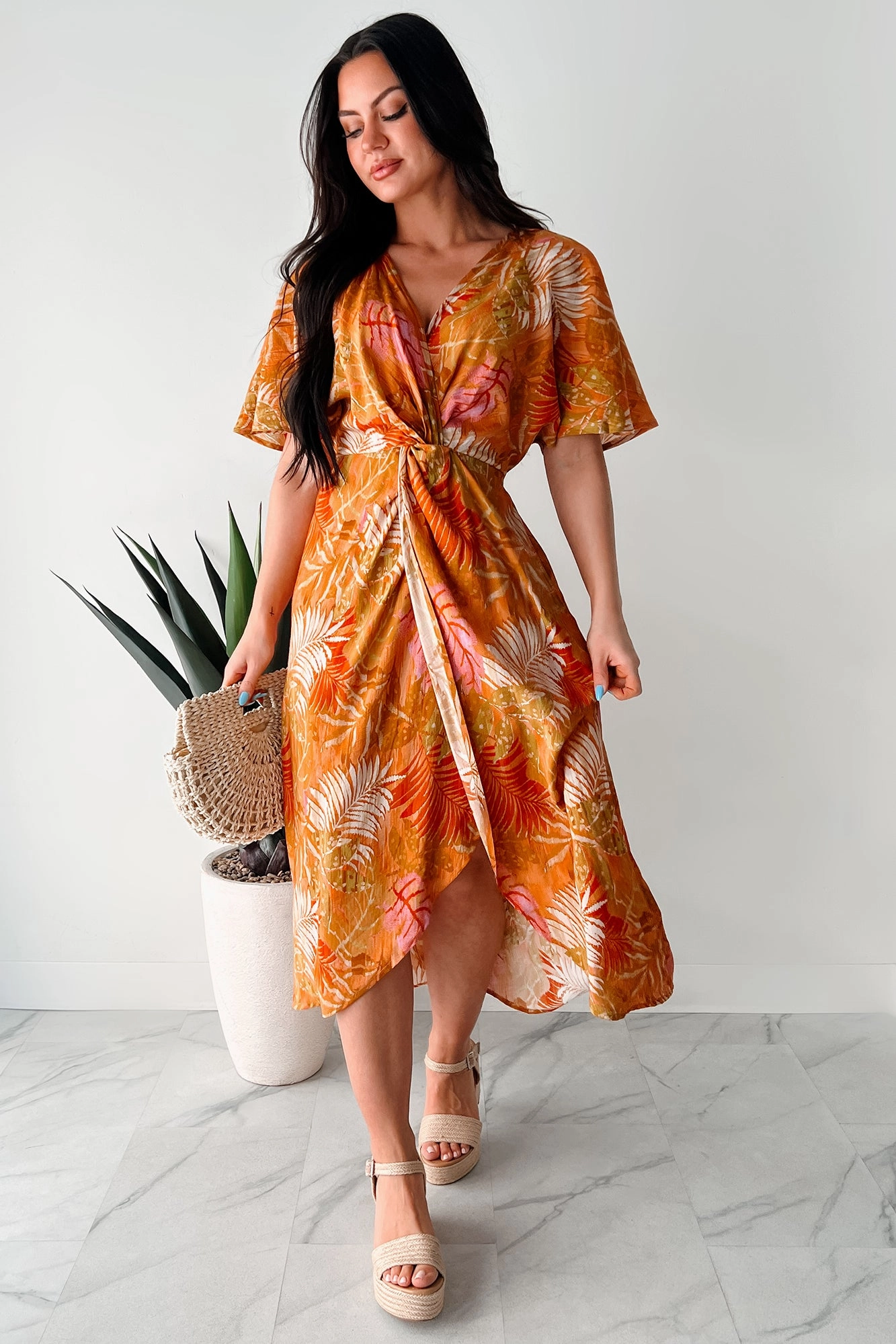 Minimal Form Slow Down & Smell The Roses Tropical Print Midi Dress (Mustard/Multi)