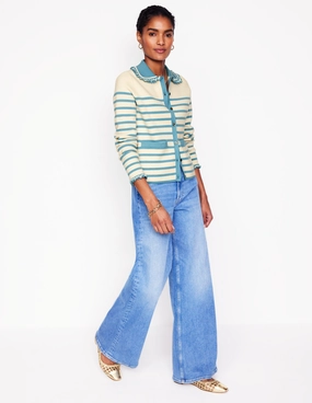 Jessie Frill Collared Cardigan-Ivory, Duck Egg Blue Stripe Relax time Machine Washable Design