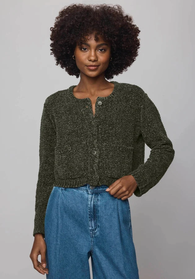 Andrea Crop Cardigan in Green Spruce Easy Care Material