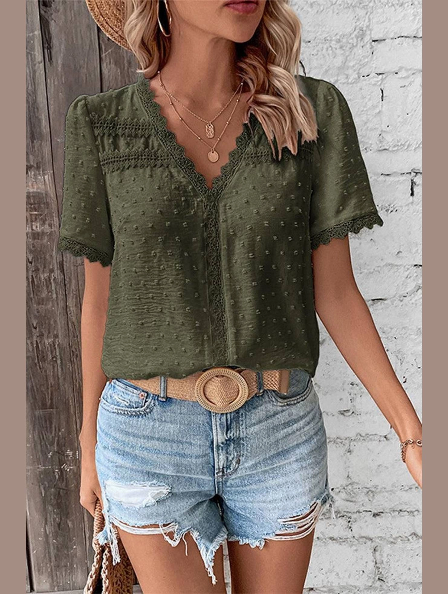 ArticulatedElbowShaping WOMEN SWISS DOT LACE TRIM NECK SHORT T SHIRT