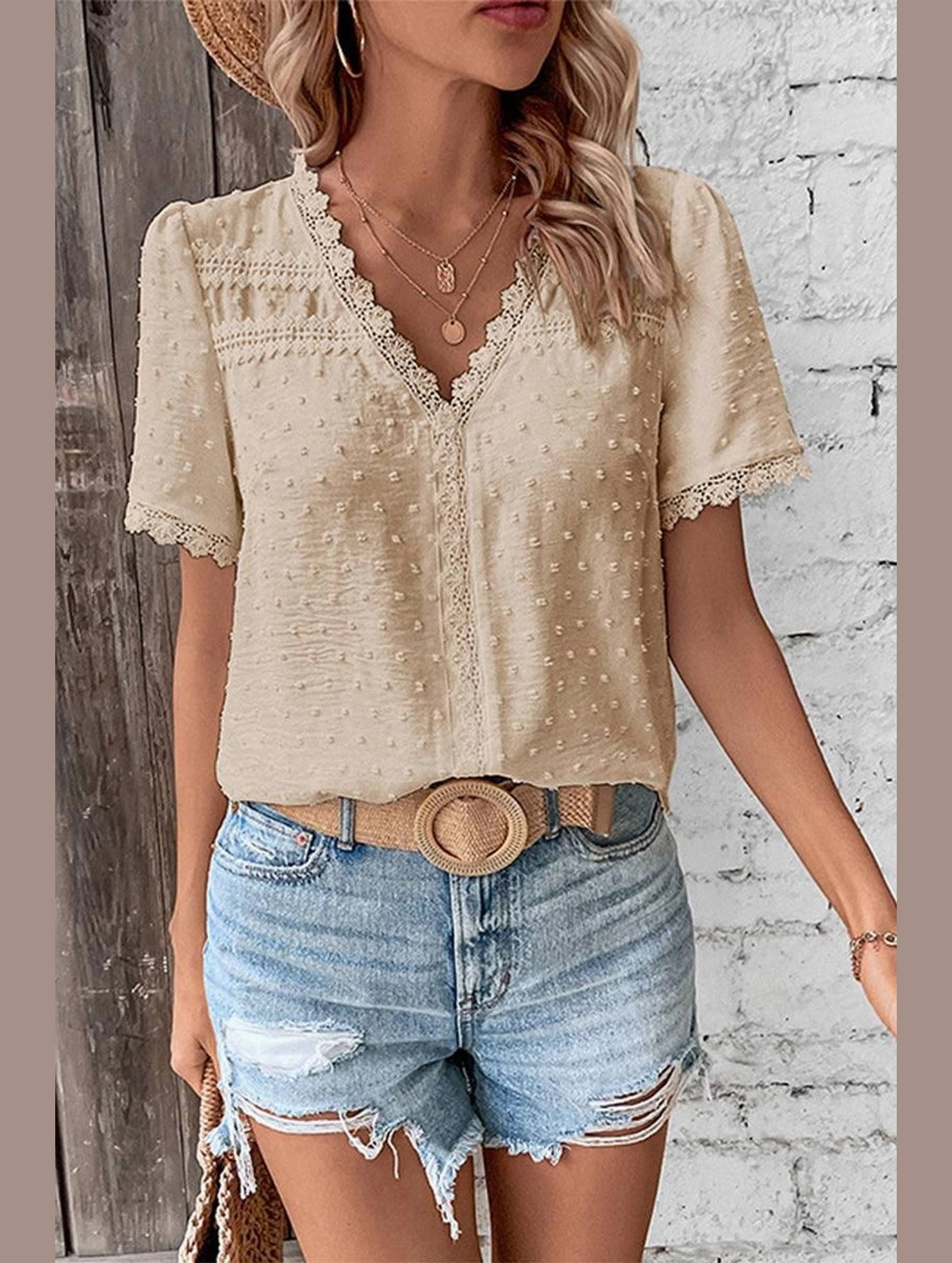 Button Down Collar Style WOMEN SWISS DOT LACE TRIM NECK SHORT T SHIRT