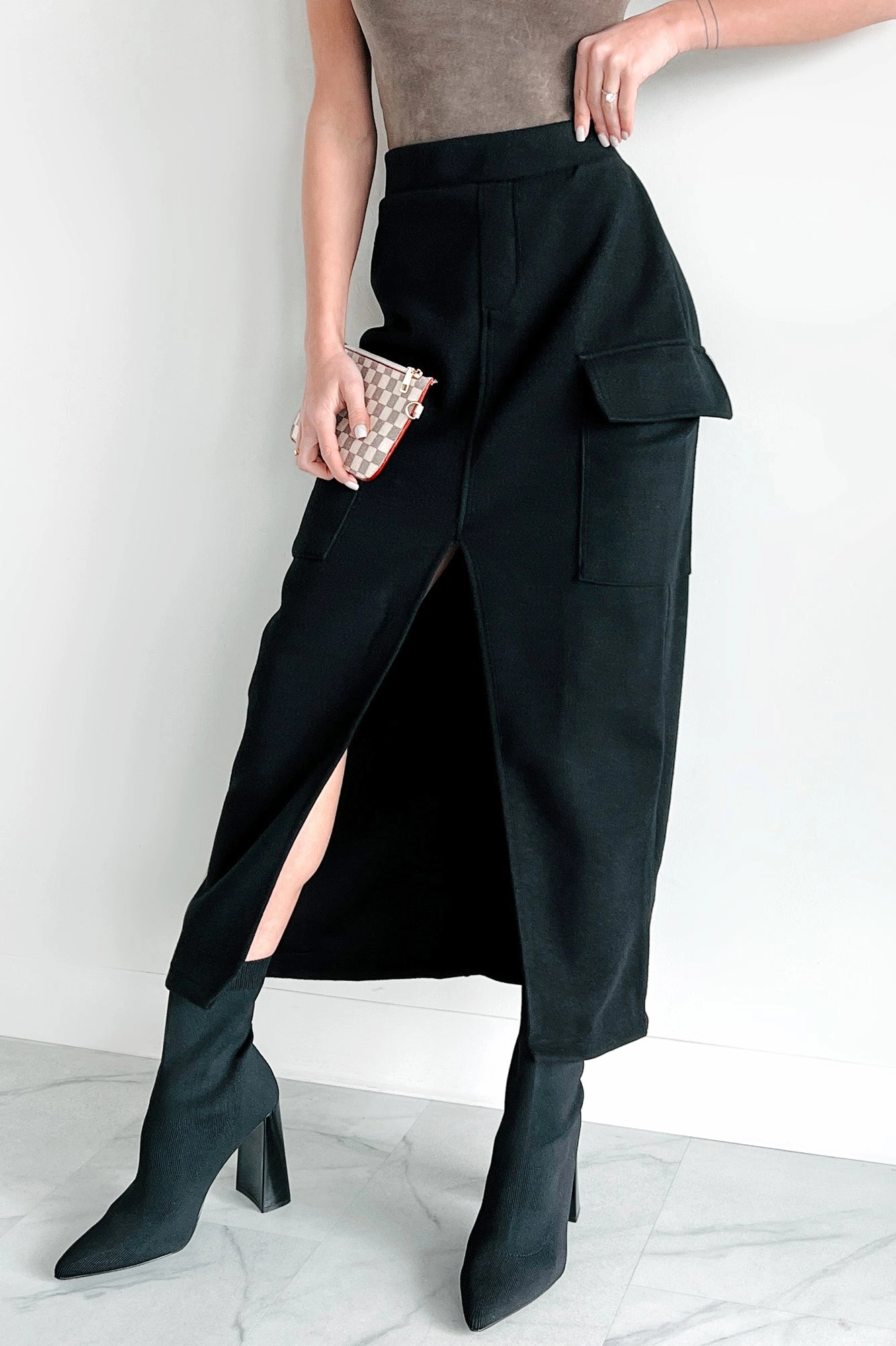 Setting New Standards Brushed Knit Cargo Midi Skirt (Black) Trendy Design