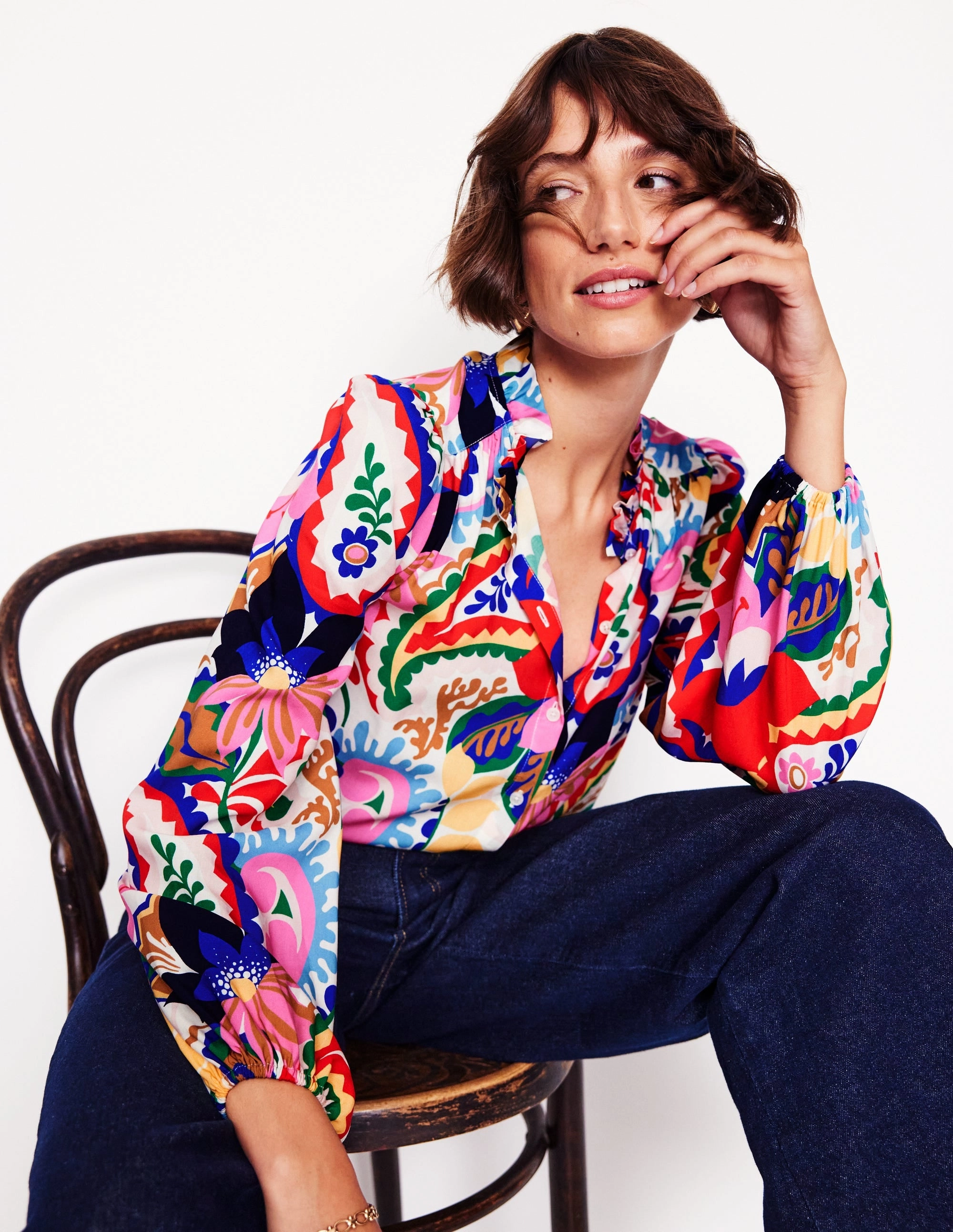 Ruffle Collar Blouse-Ivory, Botanical Paisley MidweightJersey