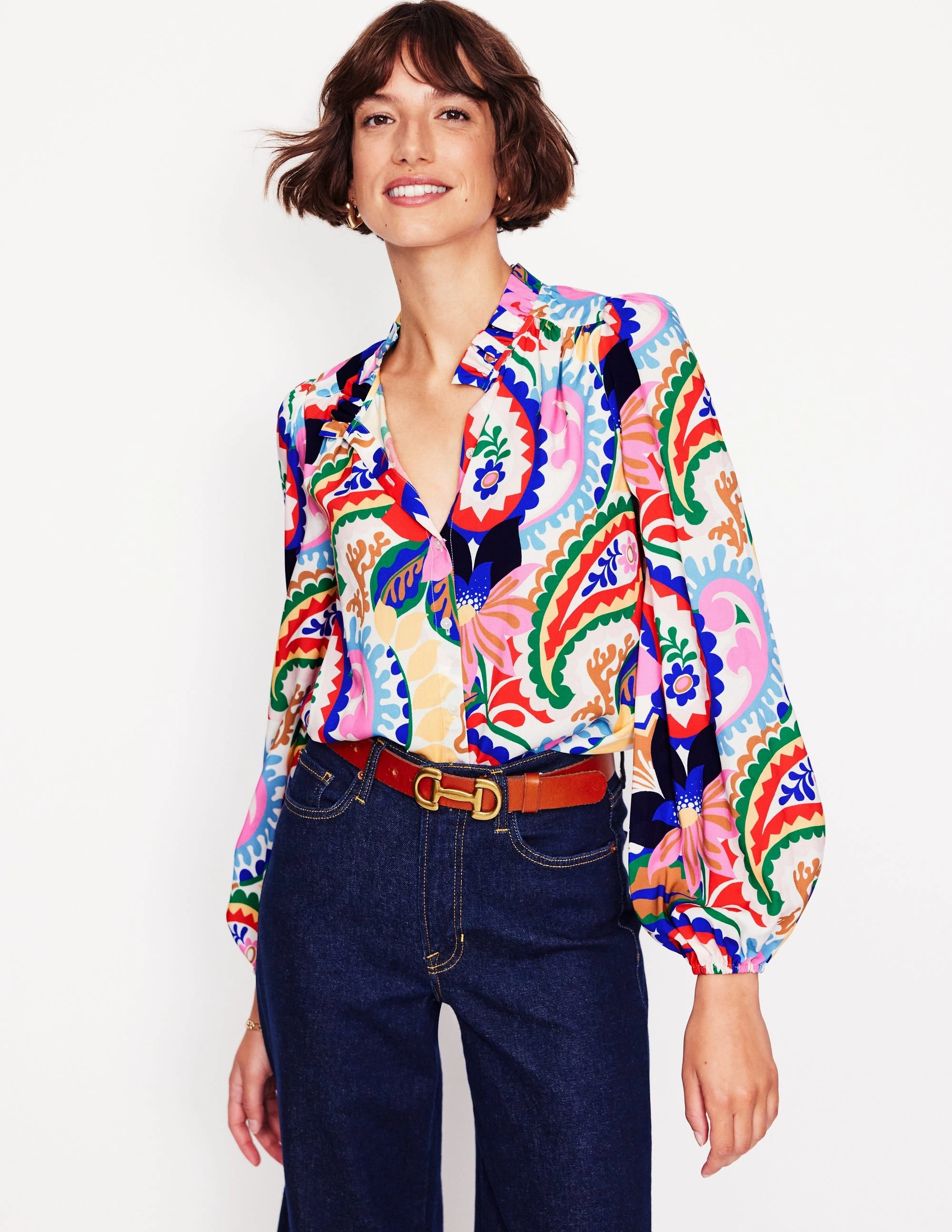 Ruffle Collar Blouse-Ivory, Botanical Paisley ArticulatedElbowShaping CarbonNeutral Production