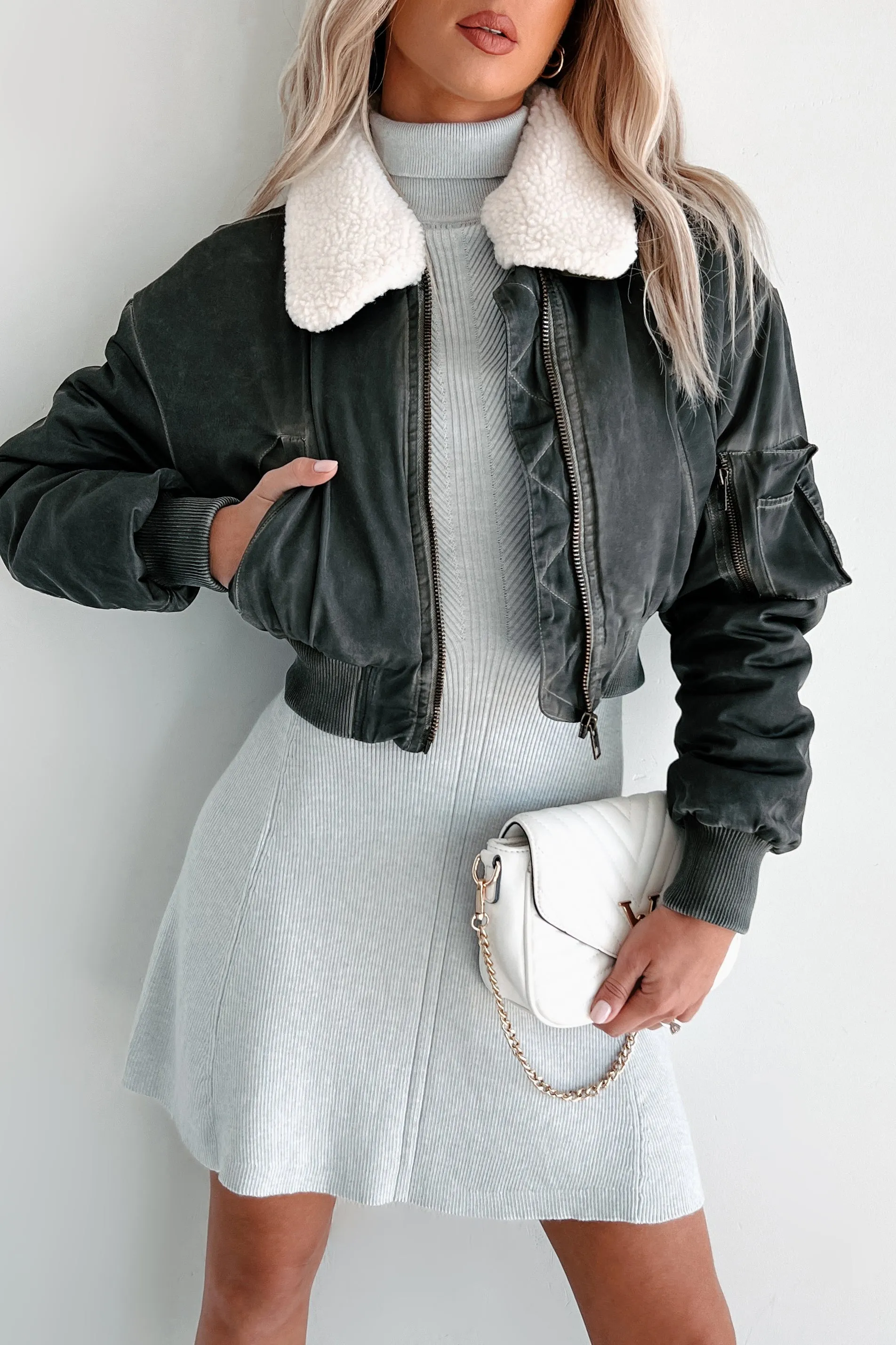 Fashionable Flight Path Aviator Crop Jacket (Dark Grey) Windproof Cuffs