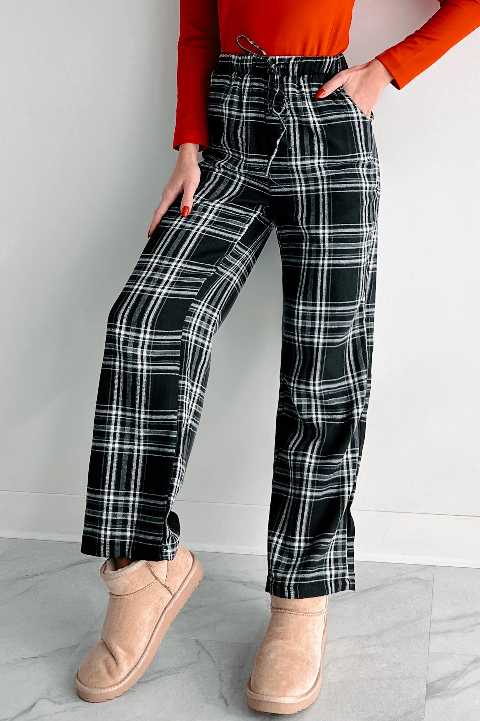 Neutral Style Quick Dry Fabric DOORBUSTER I Overslept Plaid Pajama Pants (Black)