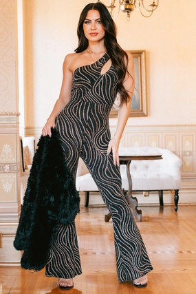 Winter-Season Light Fit Queen Of Compliments Metallic Glitter Jumpsuit (Black/Gold)