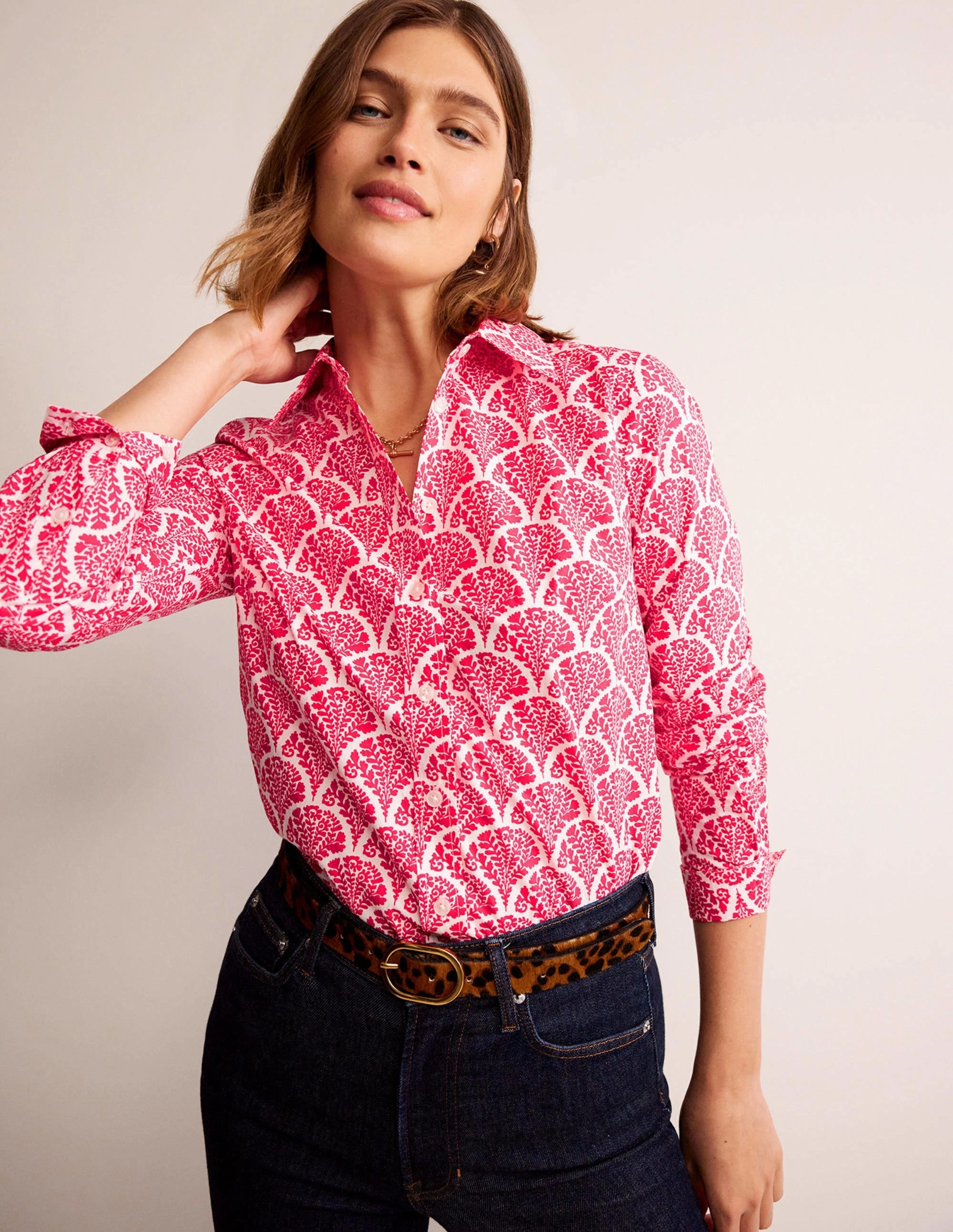 Sienna Cotton Shirt-Raspberry, Blossomy Loose cut StretchTechnology