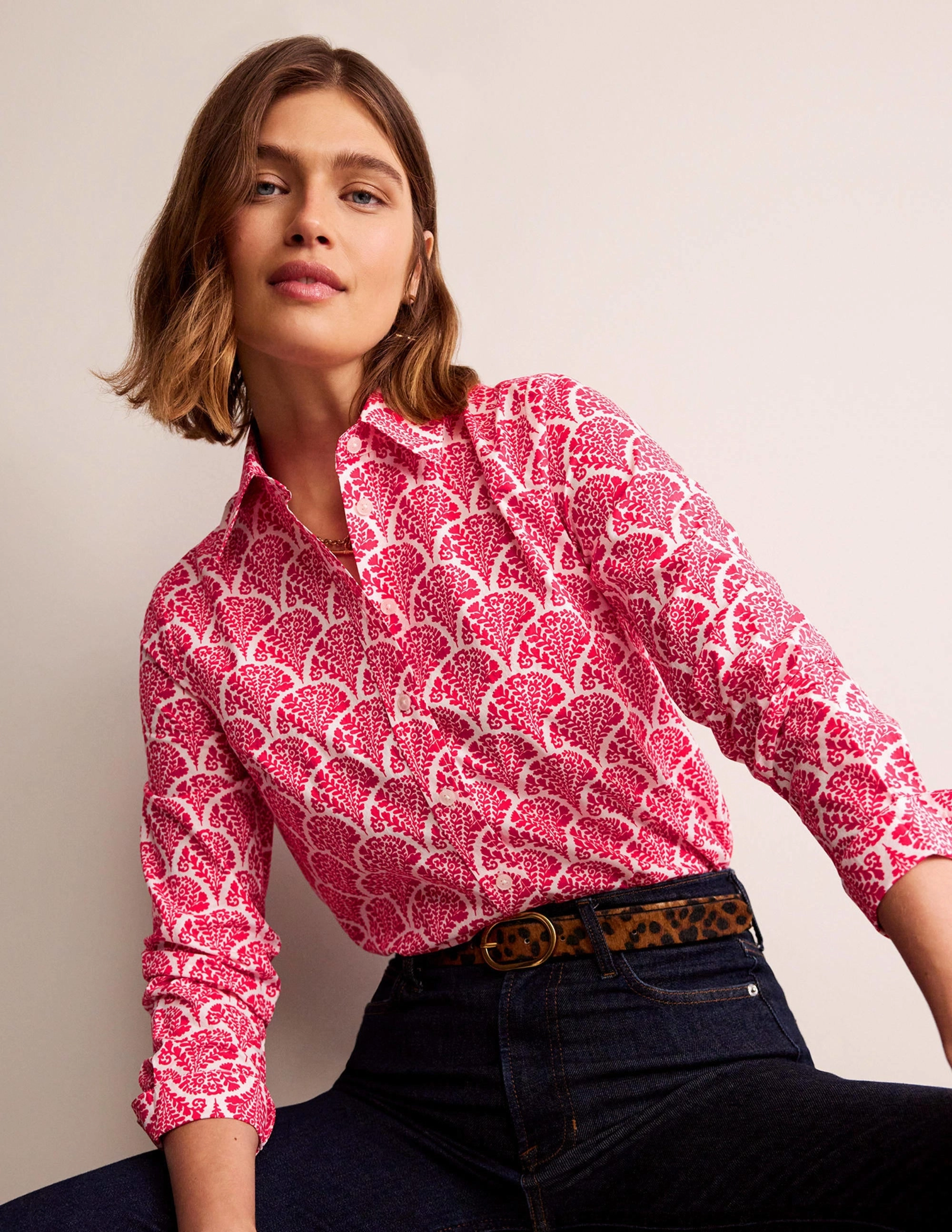 Sienna Cotton Shirt-Raspberry, Blossomy Weighted Hem