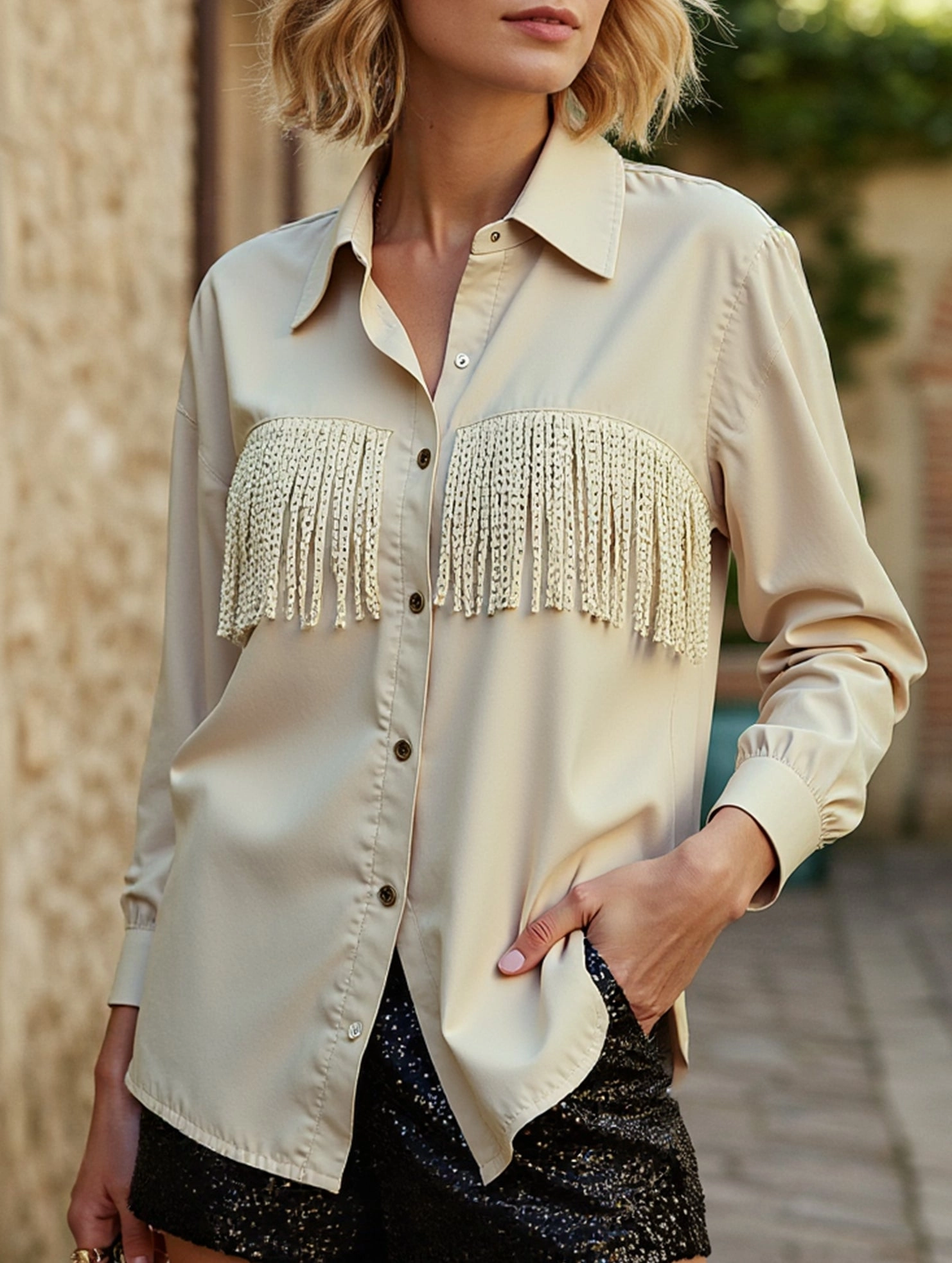 Layered Ventilation Zones OdorResistant Treatment WOMEN TASSEL DETAILED BUTTON UP BLOUSE SHIRTS