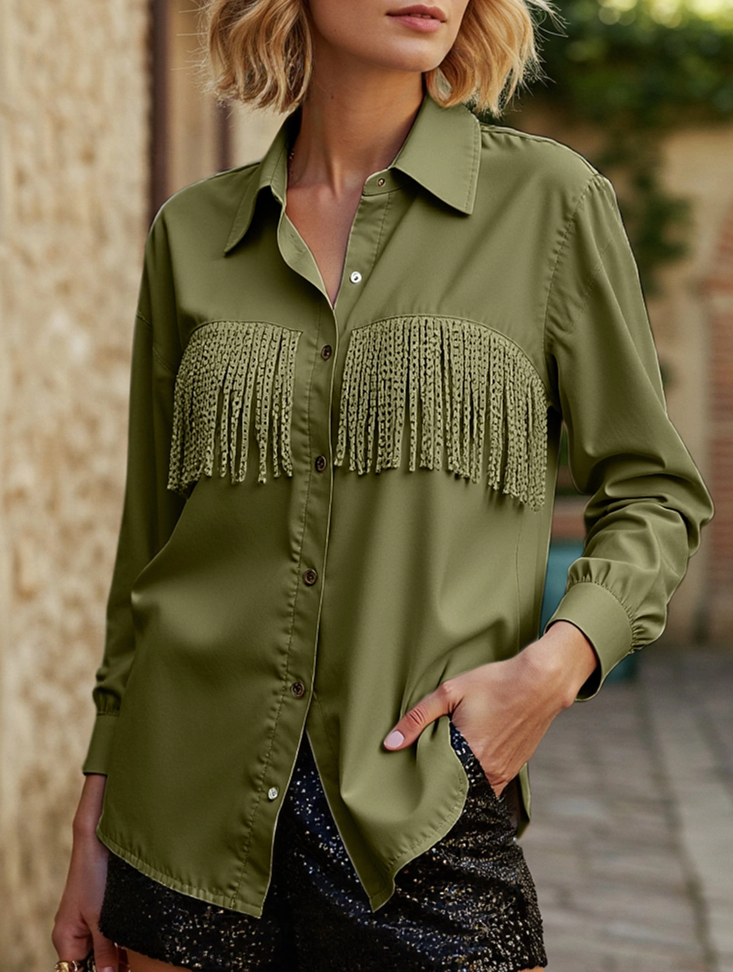 WOMEN TASSEL DETAILED BUTTON UP BLOUSE SHIRTS MoistureWicking Technology
