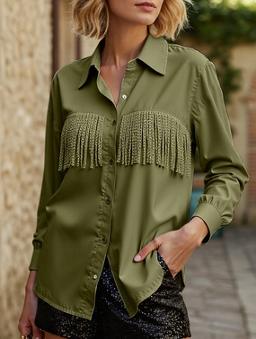 FrenchTerryTexture WOMEN TASSEL DETAILED BUTTON UP BLOUSE SHIRTS