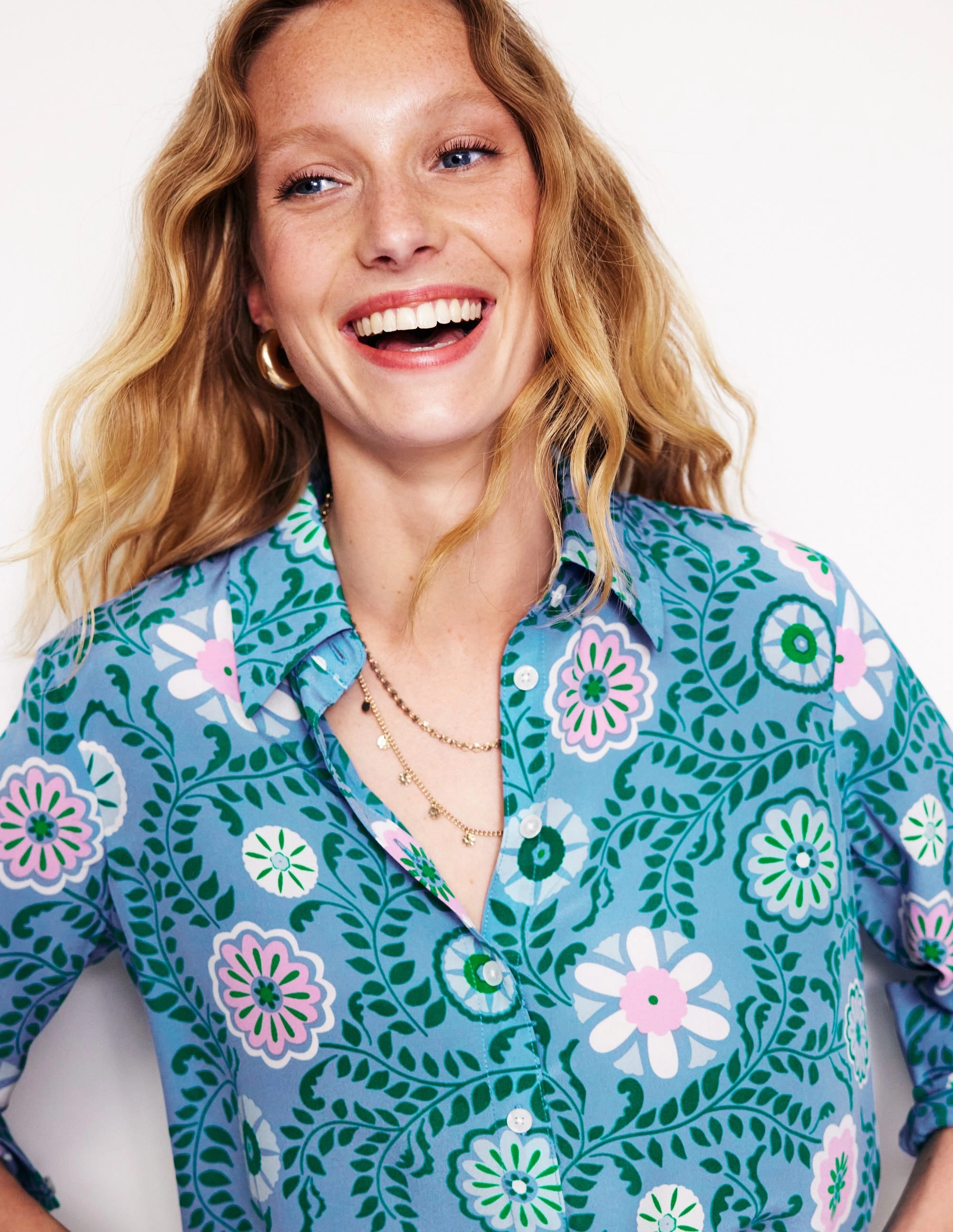 Sienna Silk Shirt-Vintage Blue, Meadow Vine AntiPilling Technology