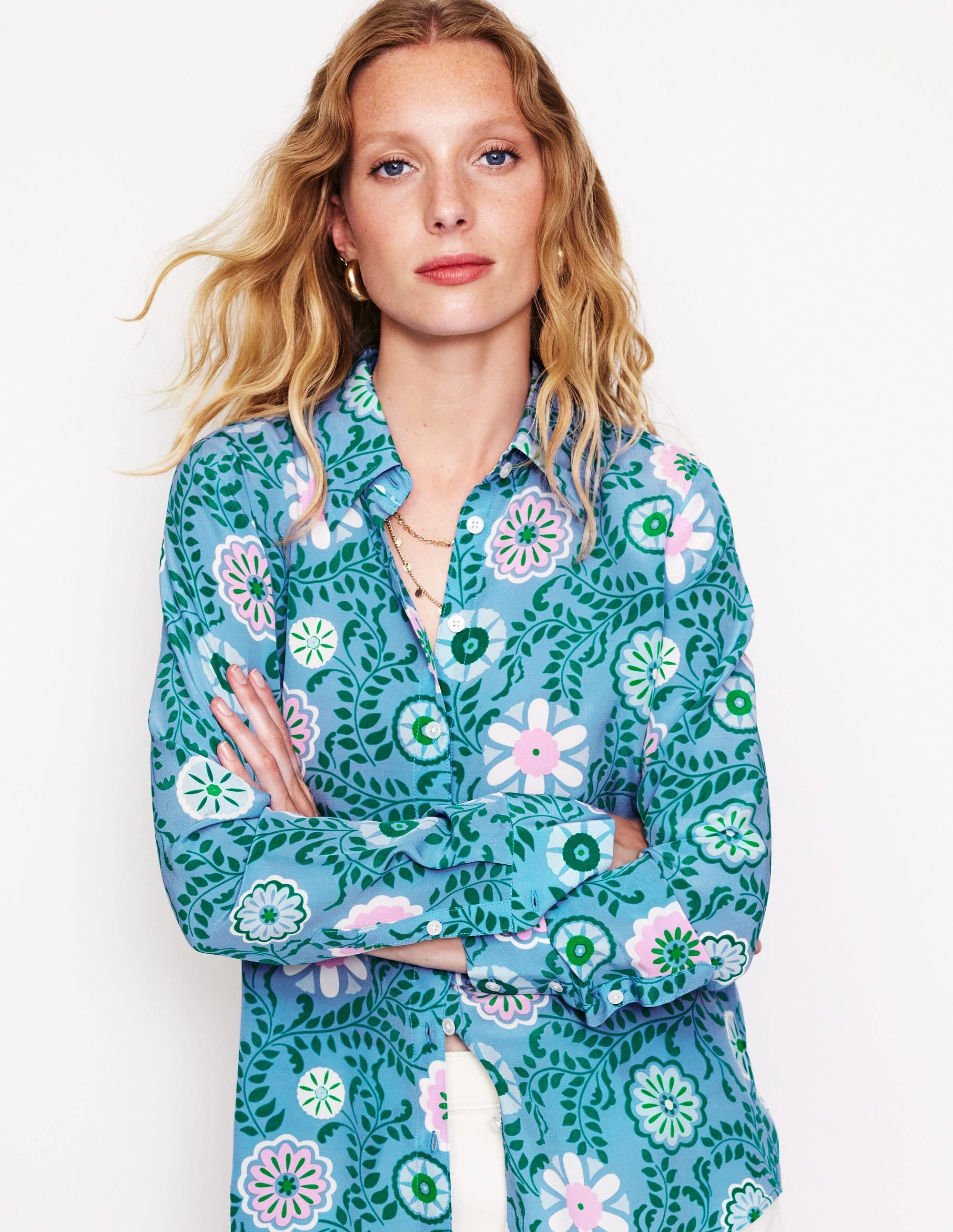 Sienna Silk Shirt-Vintage Blue, Meadow Vine AbrasionResistantEdging