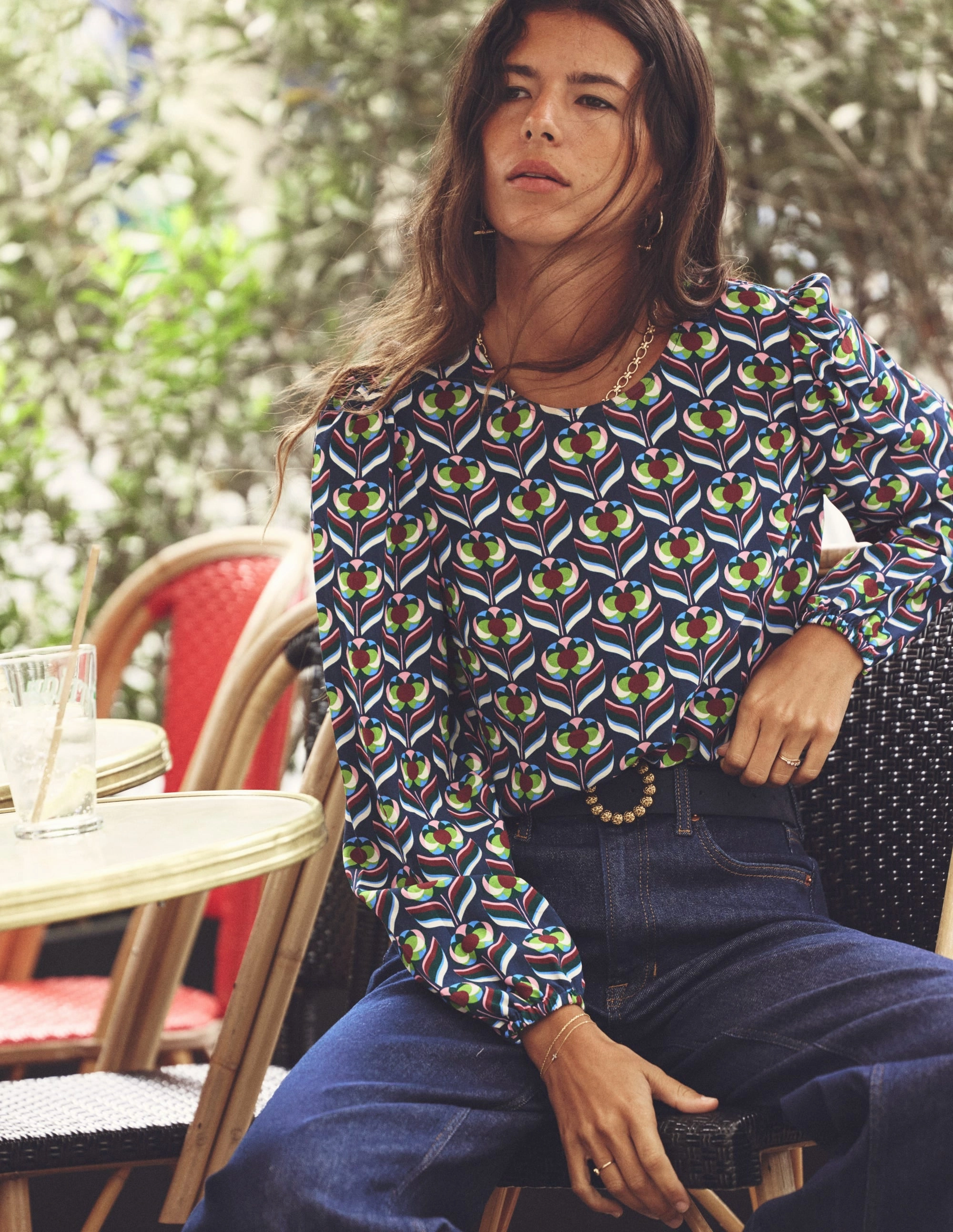 DoubleLayeredCollar Architectural Tailoring Easy Printed Top-Kingfisher Blue, Blossom Stamp