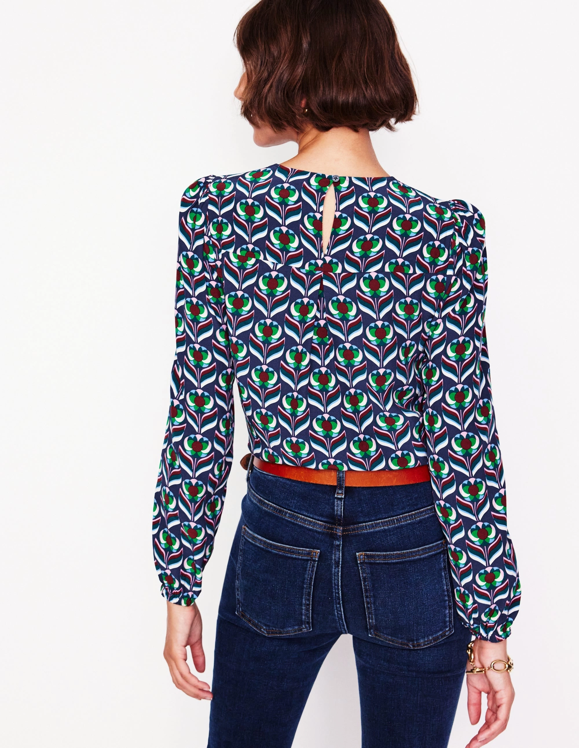 Easy Printed Top-Kingfisher Blue, Blossom Stamp Bonded Seam Technology Minimalist Silhouette