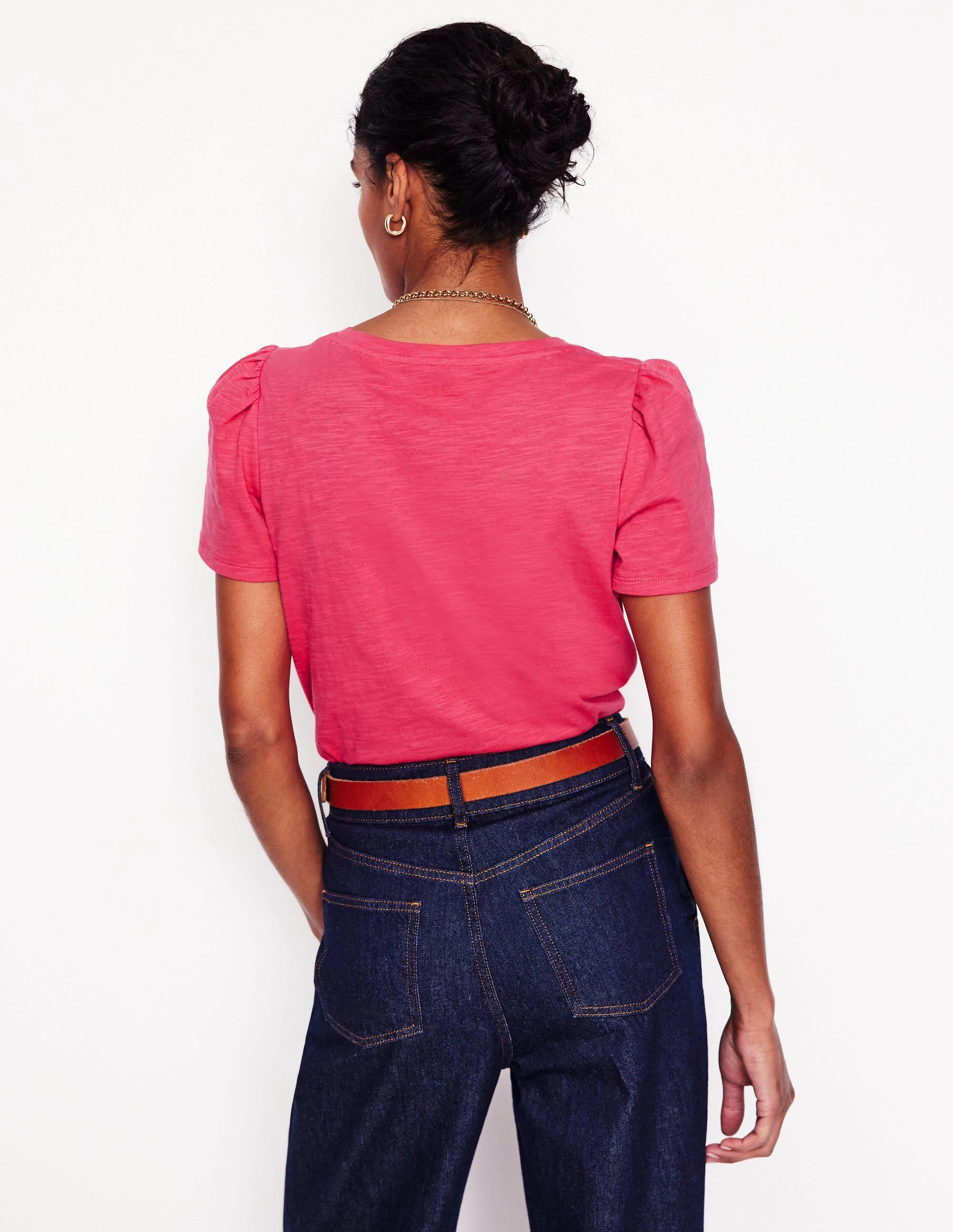 Short Sleeve V Neck T-shirt-Camelia Pink Durable Reinforced Hem